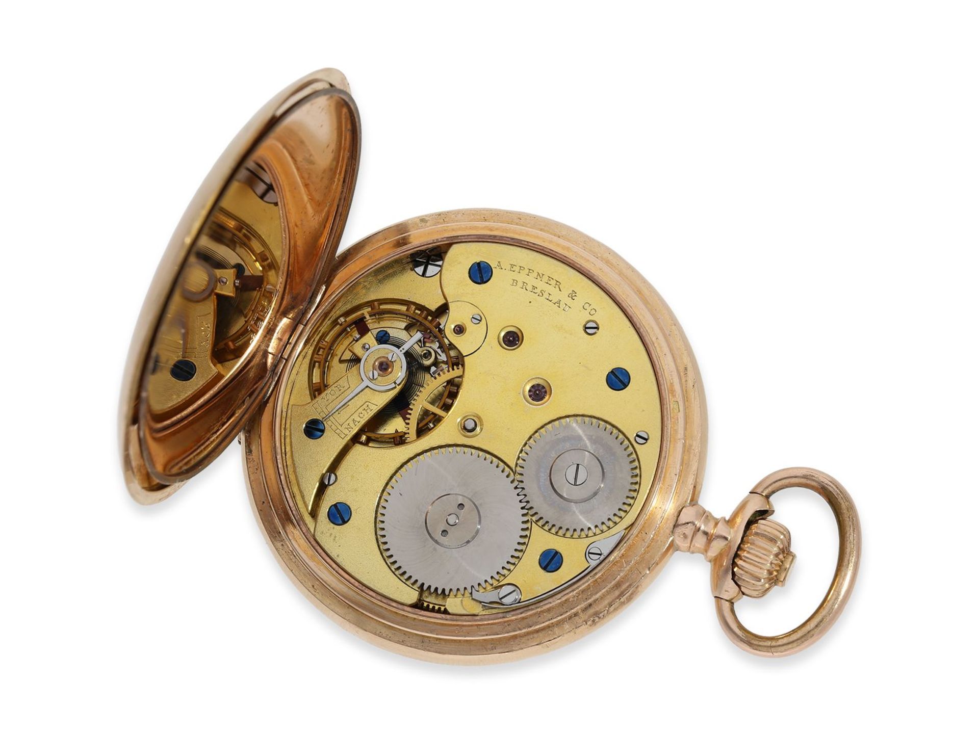 Taschenuhr: schwere rotgoldene Halbsavonnette, A. Eppner & Cie, Breslau, ca. 1900, Ca. Ø53,5mm, - Image 3 of 7