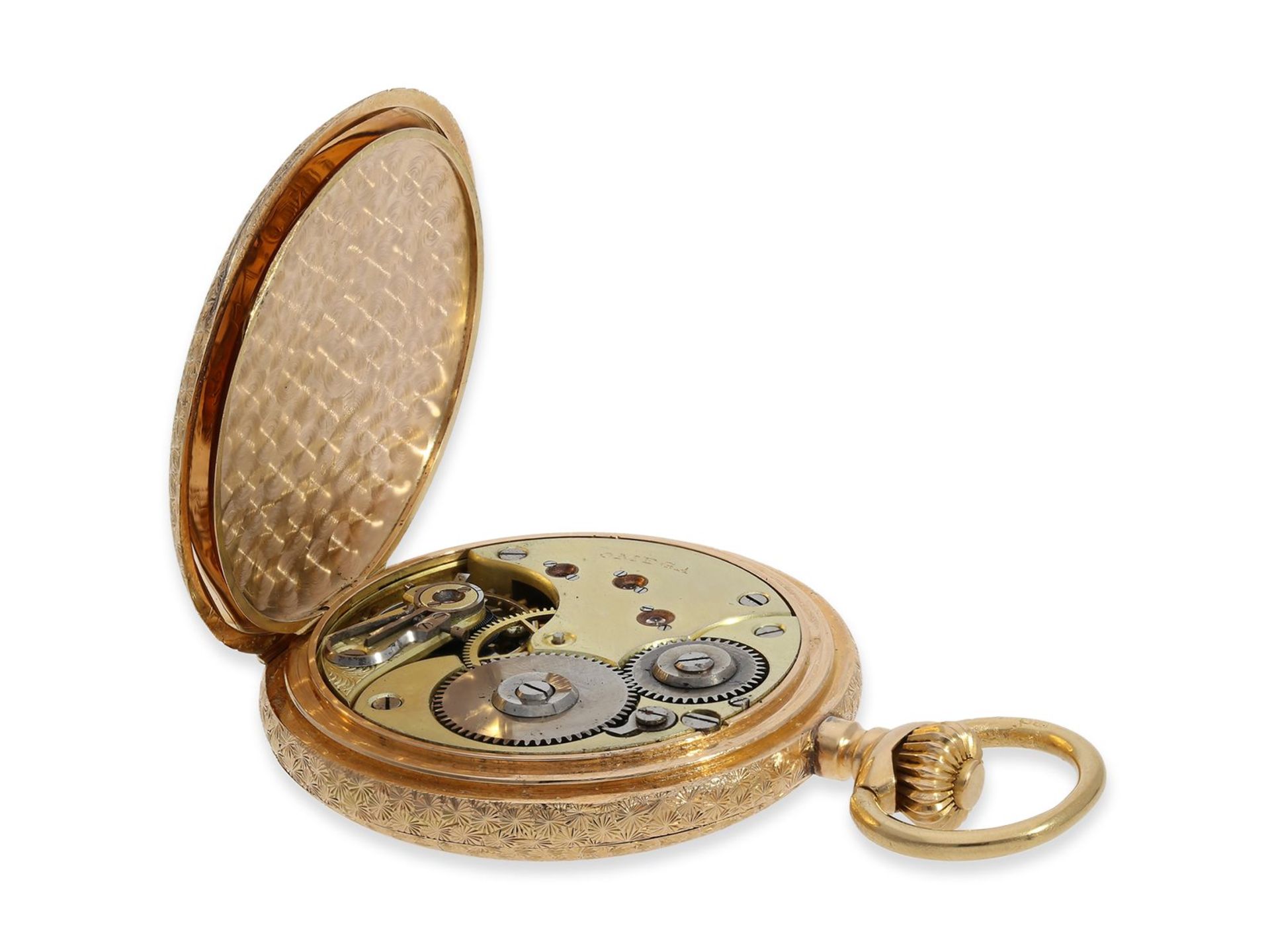 Taschenuhr: nahezu neuwertig erhaltene Omega Goldsavonnette mit besonderer Gehäusedekoration, No. - Image 3 of 8