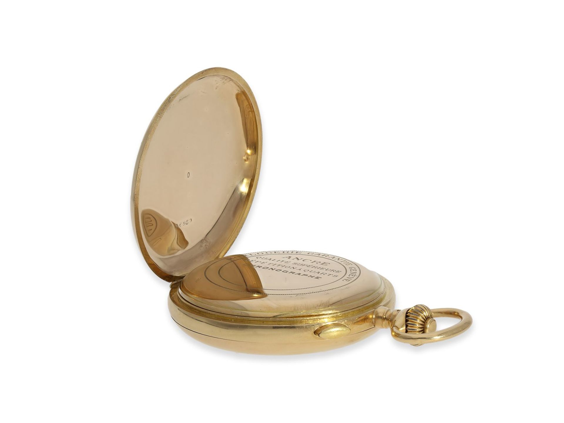 Taschenuhr: schwere rotgoldene Savonnette mit Repetition und Chronograph, 18K Gold, signiert - Bild 4 aus 6