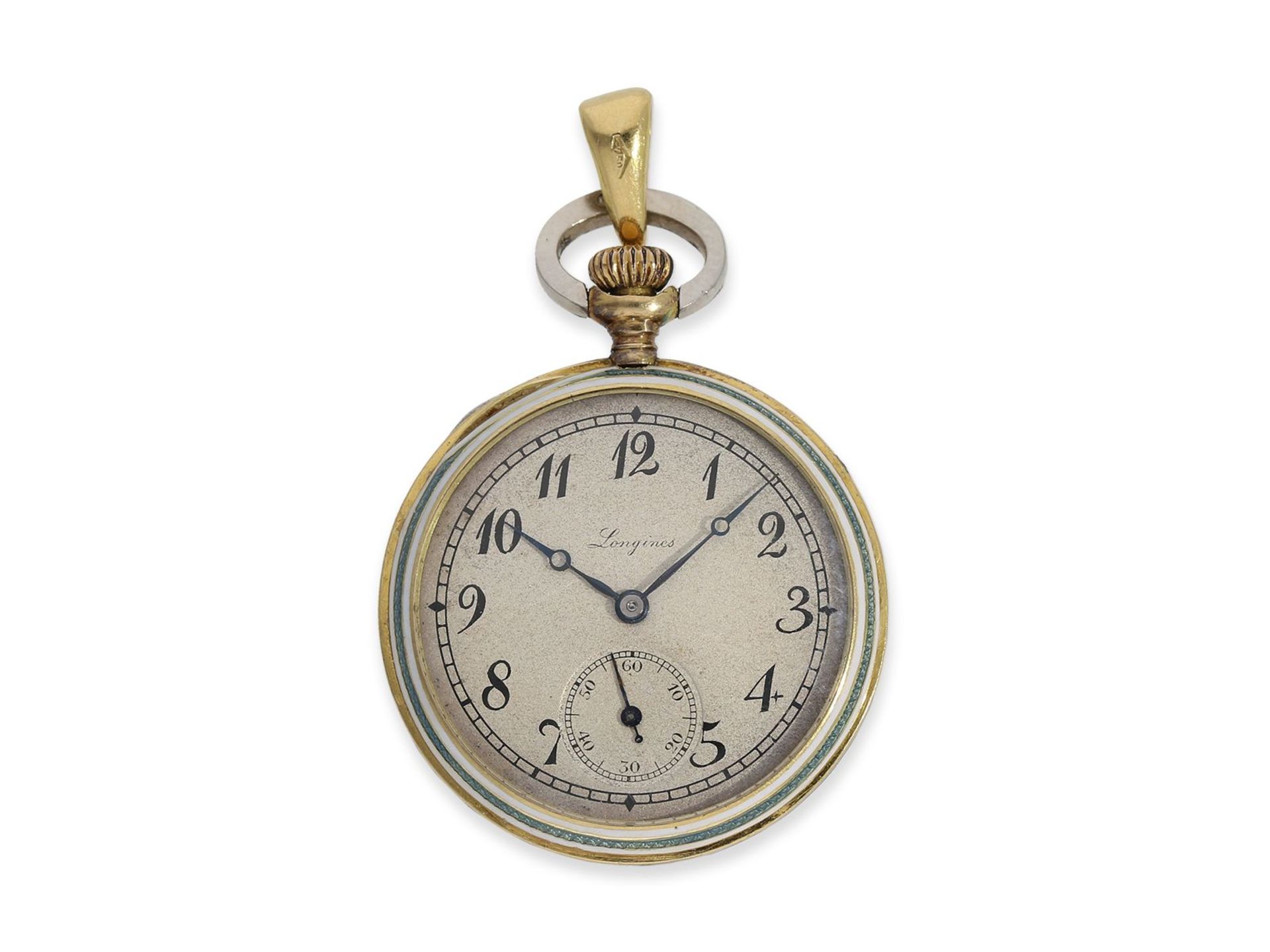 Taschenuhr/Anhängeuhr: sehr seltene Gold/Emaille-Damenuhr mit Diamantbesatz, Gold & Platin, Longines - Image 2 of 4