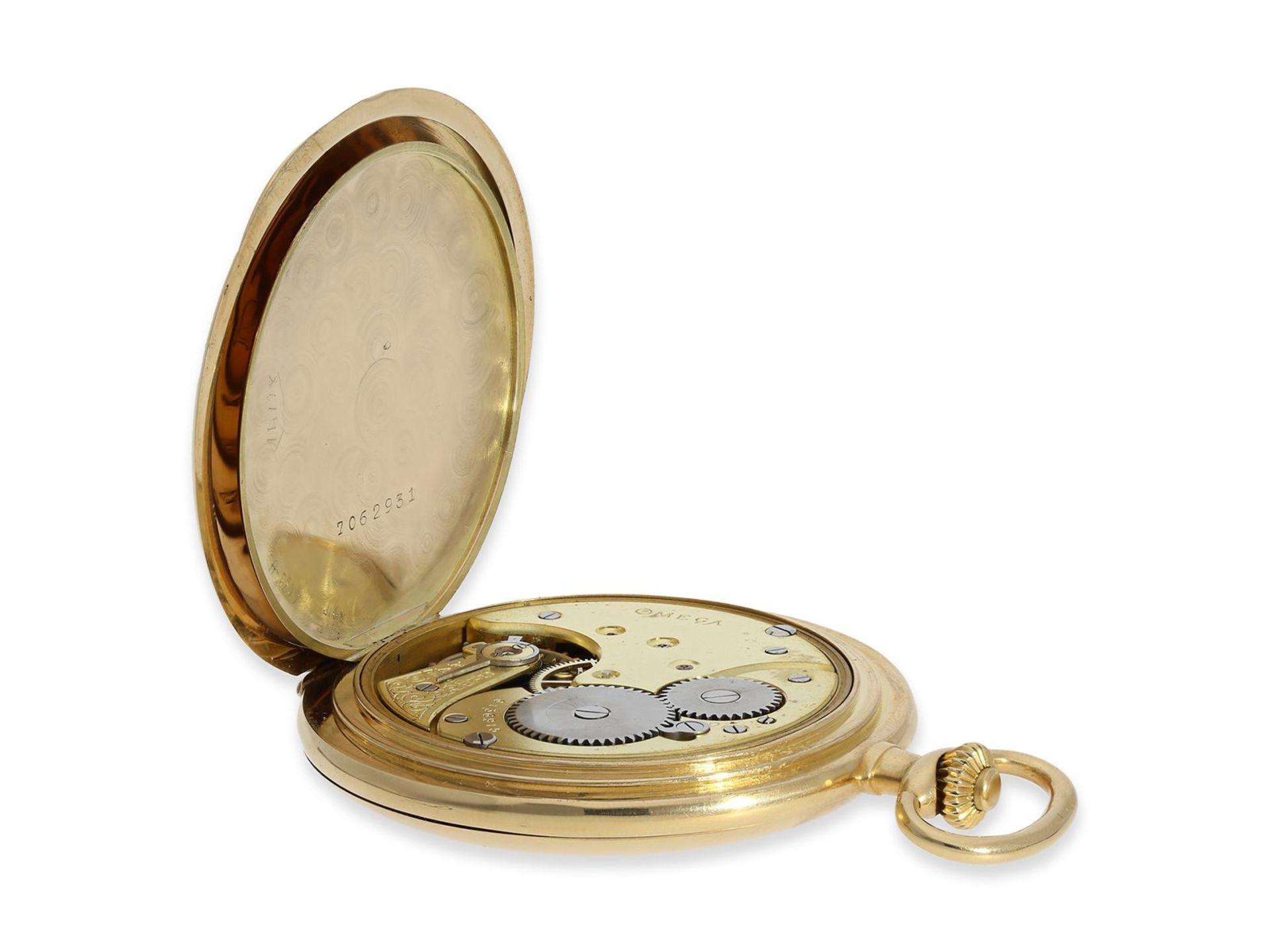 Taschenuhr: Omega Goldsavonnette mit seltenem Emaillezifferblatt, ca. 1923, Ca. Ø50mm, ca. 84g, - Bild 3 aus 6