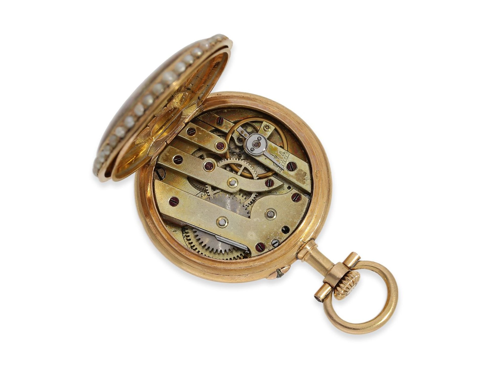 Anhängeuhr: feine Gold/Emaille-Miniatur-Damenuhr mit Perlenbesatz, vermutlich Le Coultre um 1900, - Bild 3 aus 5