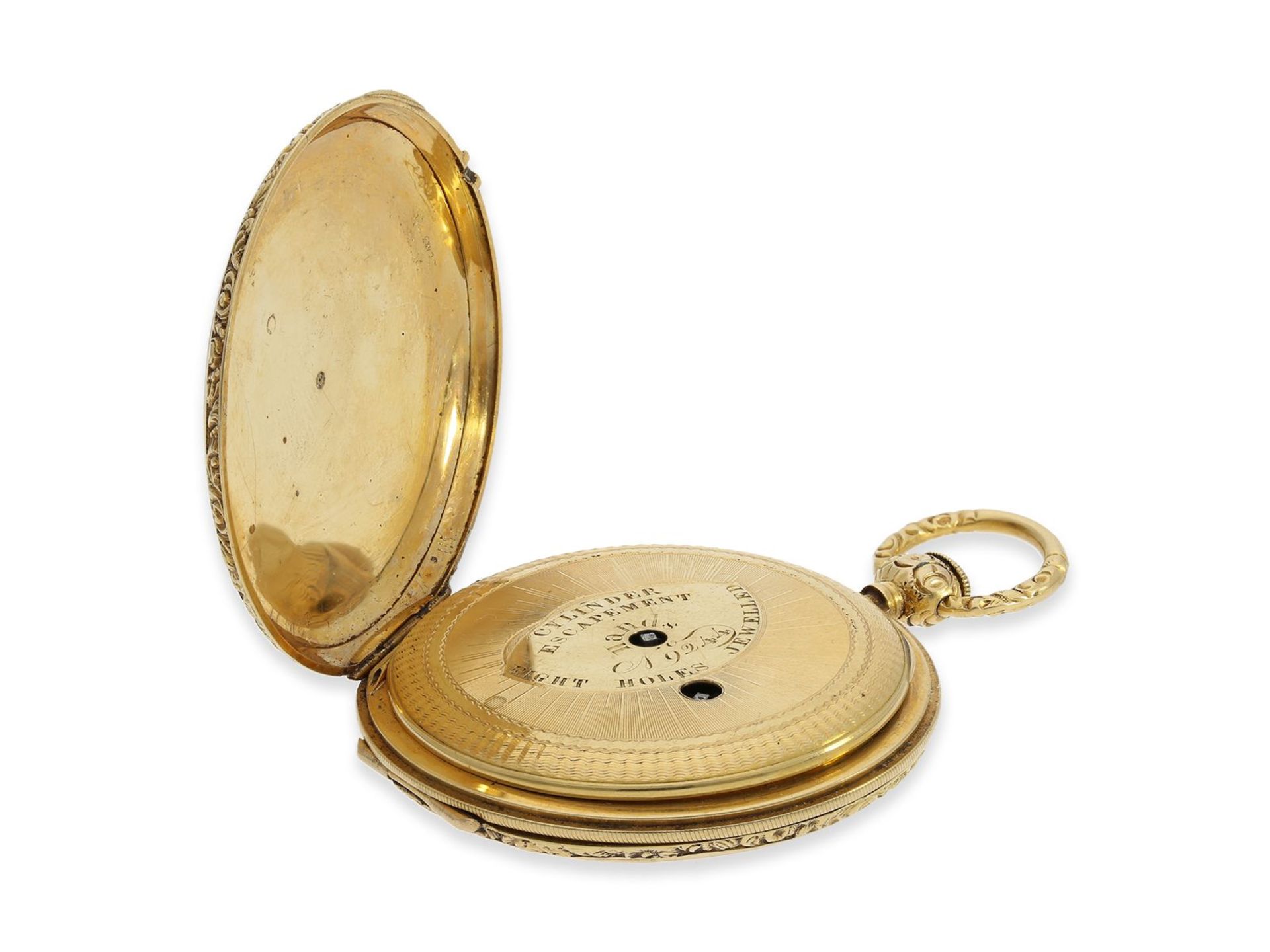 Taschenuhr: frühe, interessante Goldsavonnette mit aufwändig verziertem Gehäuse, vermutlich Genf - Image 4 of 7