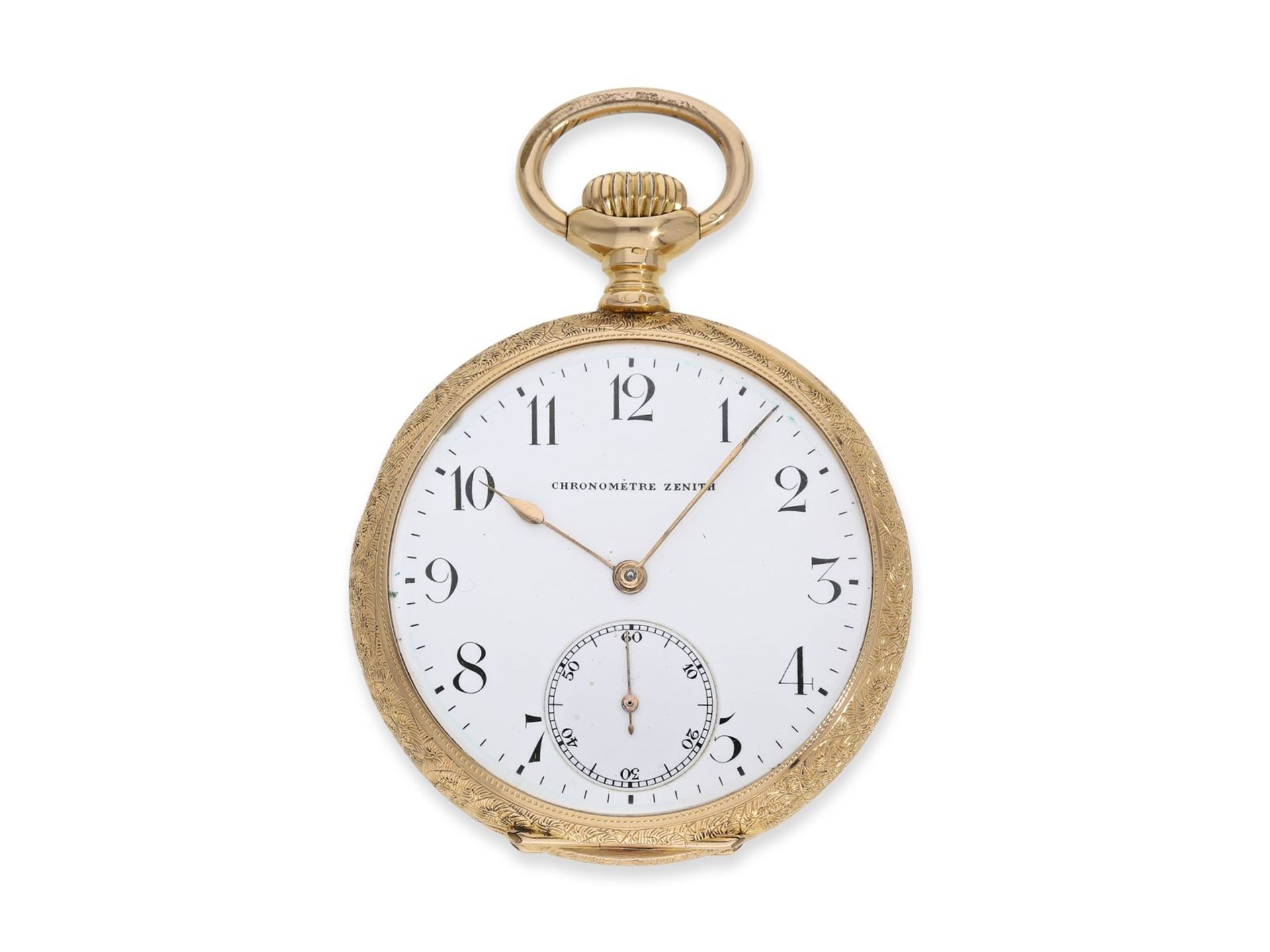Taschenuhr: außergewöhnlich prächtig gravierte Zenith Taschenuhr, Chronometerqualität, ca. 1910, Ca.