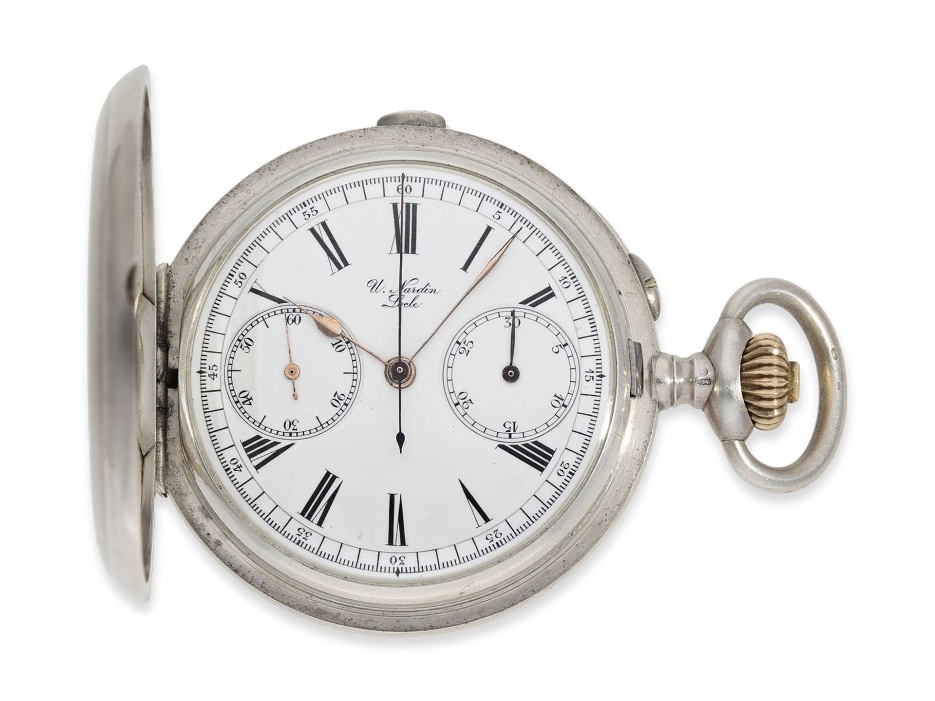 Taschenuhr: seltenes Ulysse Nardin Ankerchronometer mit Chronograph "Compteur", ca.1910, Ca. Ø52,