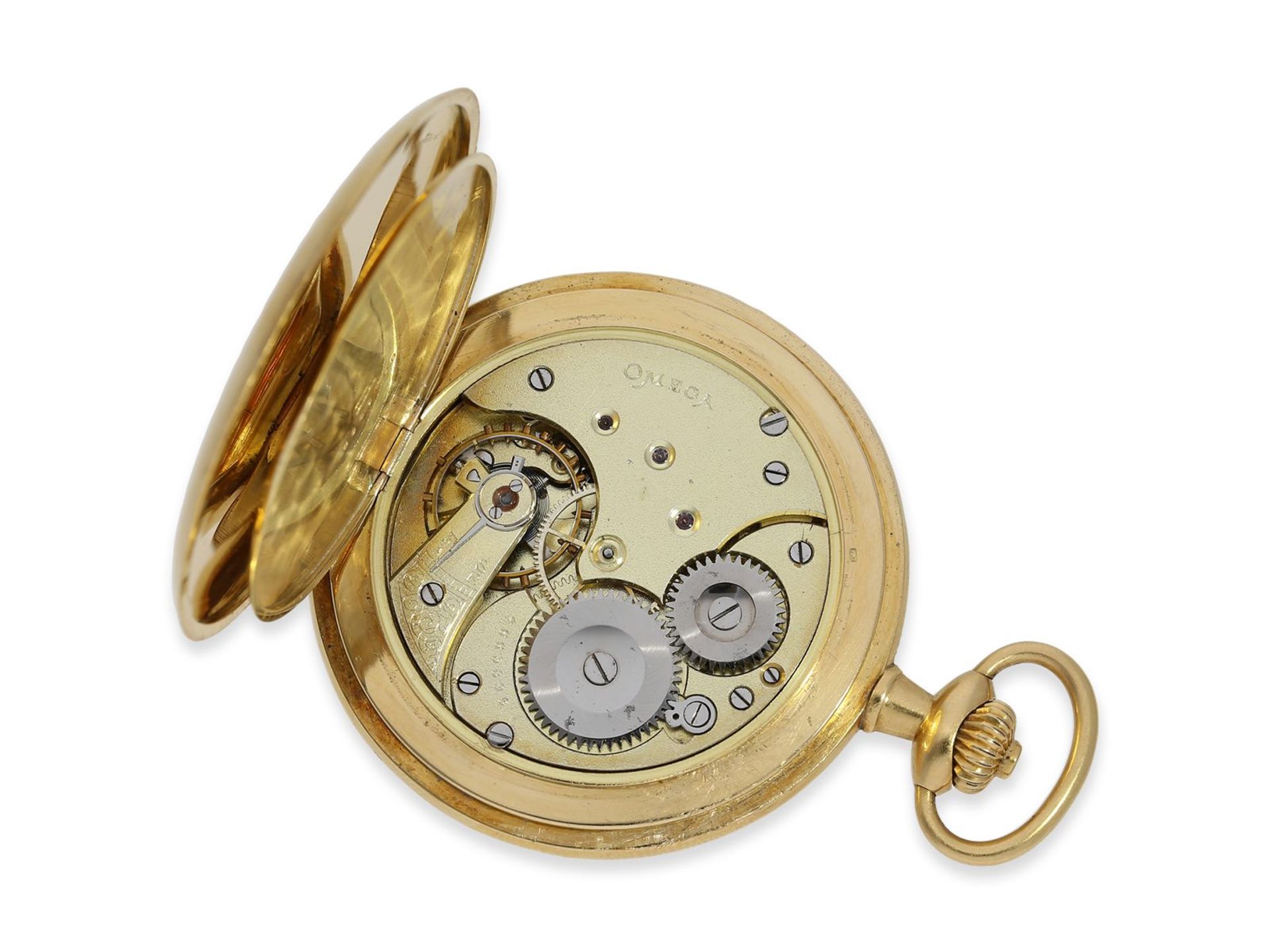 Taschenuhr: schöne Omega Goldsavonnette in 18K Gold, ca. 1900, Ca. Ø50mm, ca. 83g, 18K Gold, - Image 2 of 8