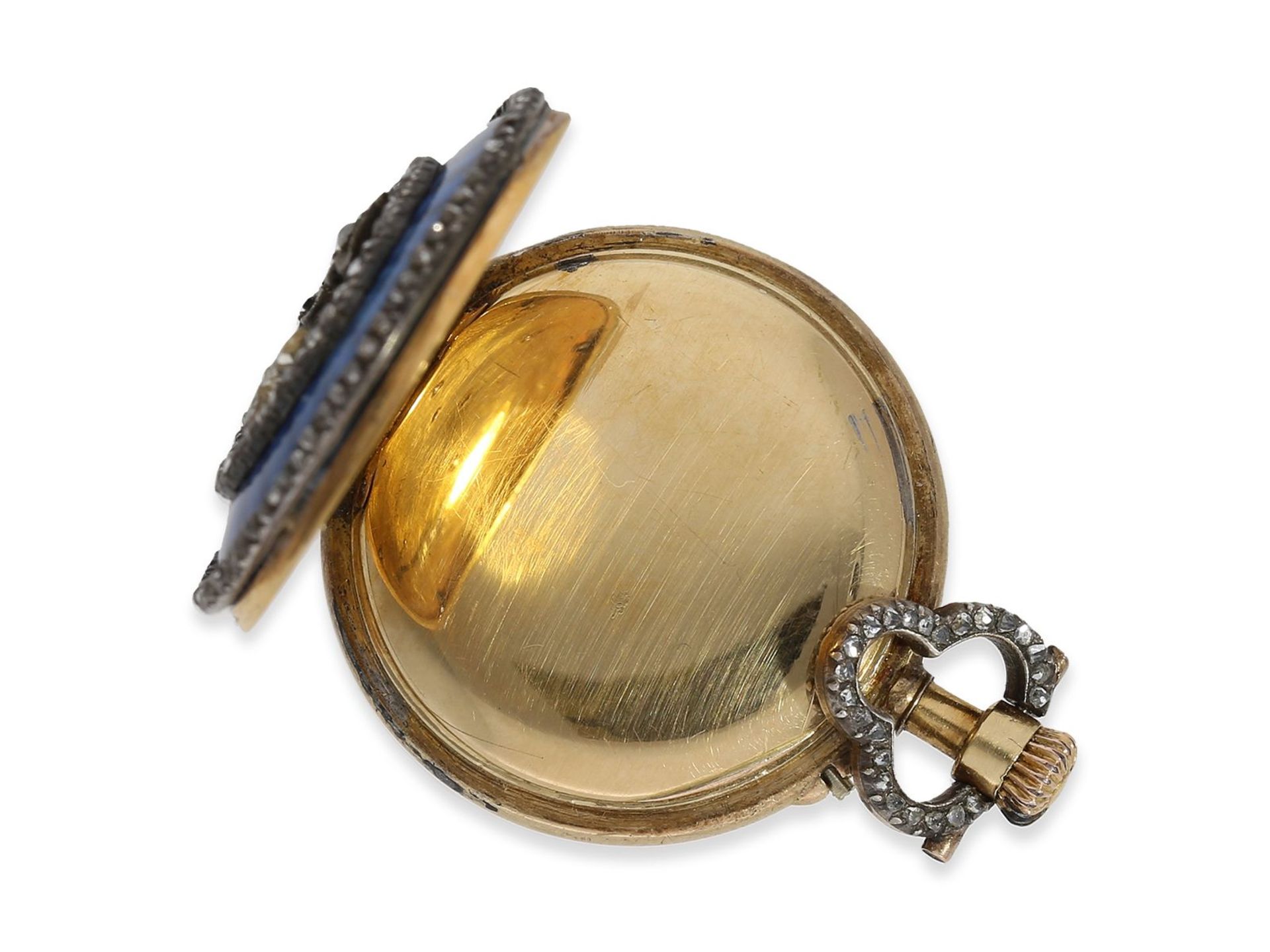 Taschenuhr/Anhängeuhr: hochfeine Gold/Emaille-Damenuhr mit Diamantbesatz, signiert Le Coultre, ca. - Bild 4 aus 6