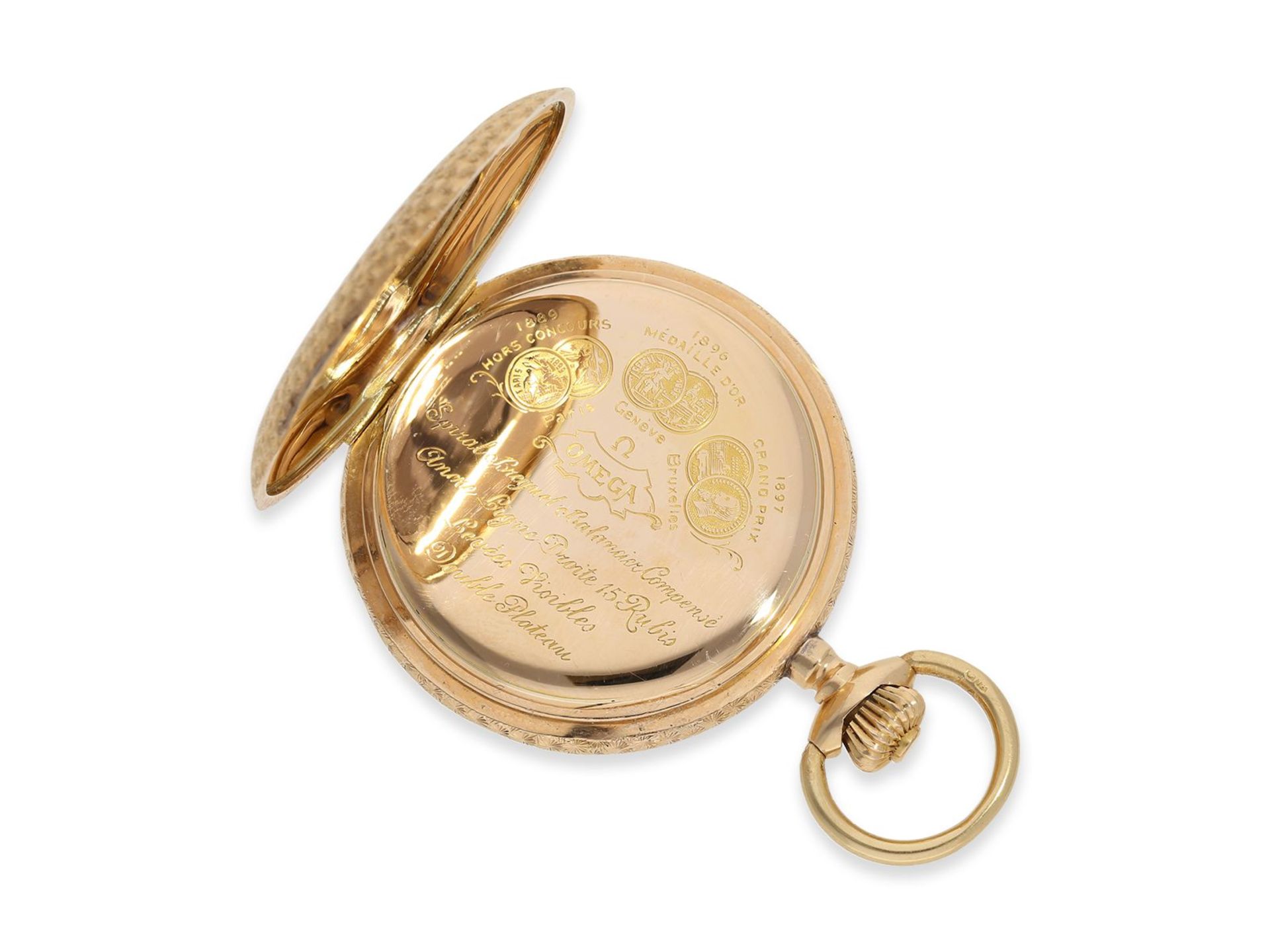 Taschenuhr: nahezu neuwertig erhaltene Omega Goldsavonnette mit besonderer Gehäusedekoration, No. - Bild 5 aus 8