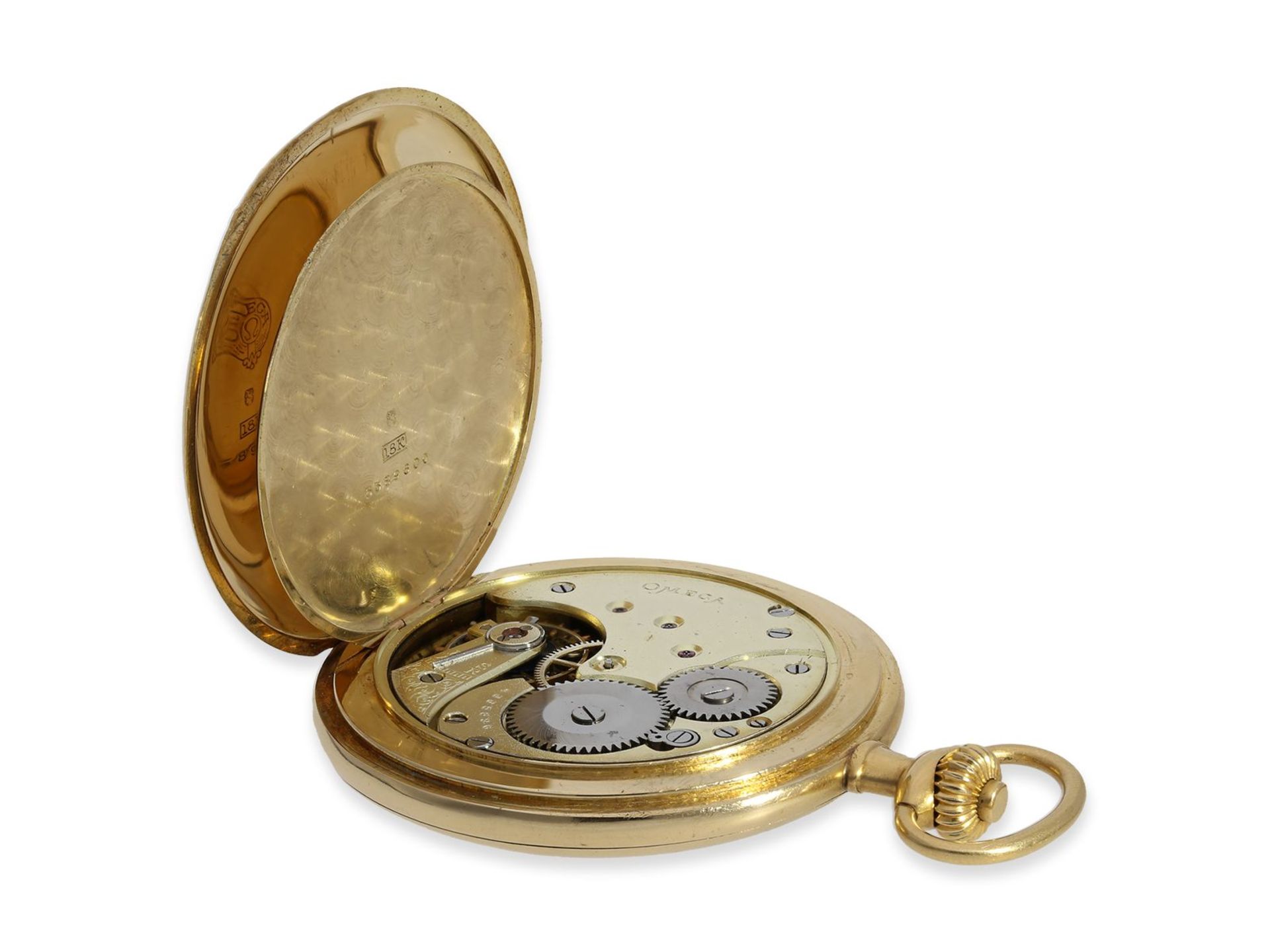 Taschenuhr: schöne Omega Goldsavonnette in 18K Gold, ca. 1900, Ca. Ø50mm, ca. 83g, 18K Gold, - Image 4 of 8