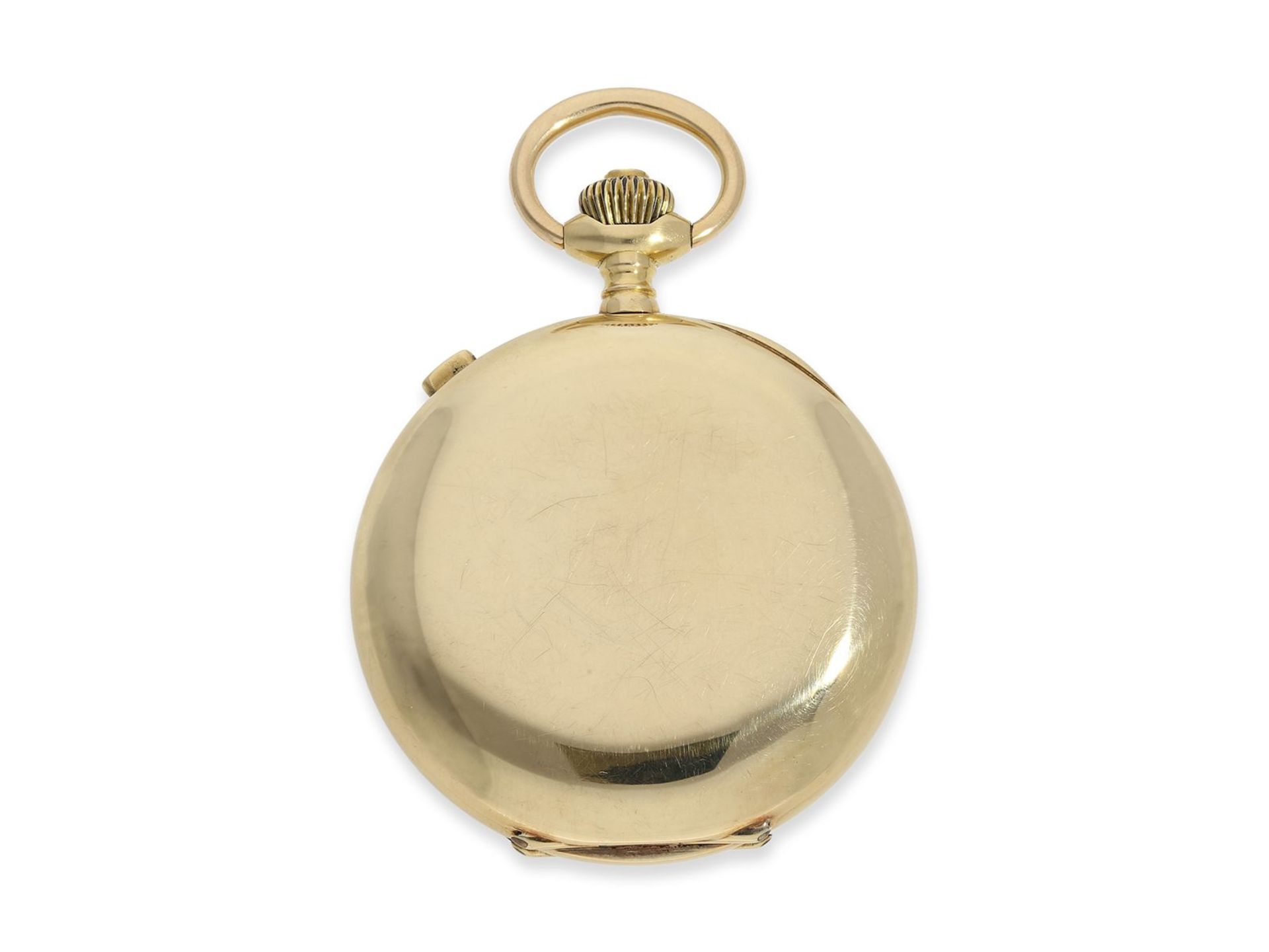 Taschenuhr: feine Goldsavonnette mit Chronograph, Frankreich ca. 1910, Ca. Ø51mm, ca. 99g, 18K Gold, - Bild 8 aus 8