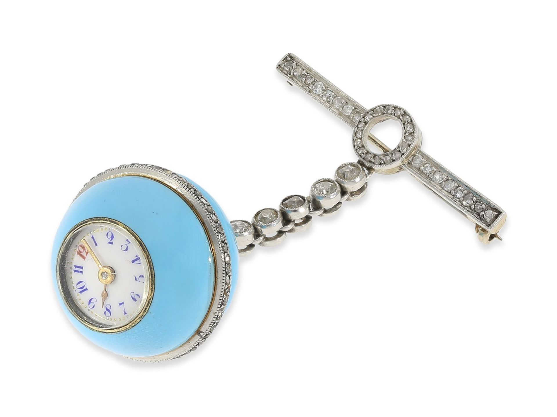 Anhängeuhr/Broschenuhr/Formuhr: äußerst seltene emaillierte "Boule de Geneve" mit Diamantbesatz,