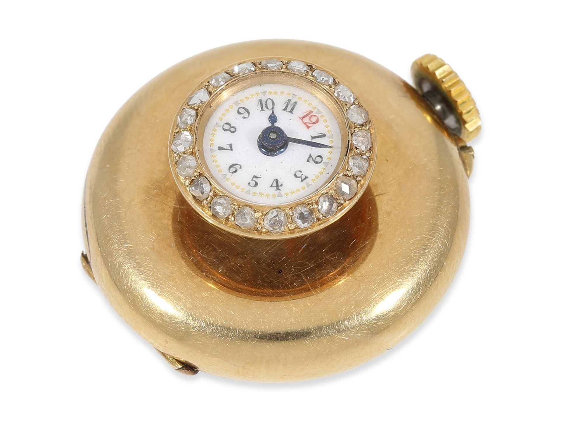 Taschenuhr/Knopflochuhr: Rarität, 18K Knopflochuhr mit Diamantbesatz, ca. 1890, extrem selten in