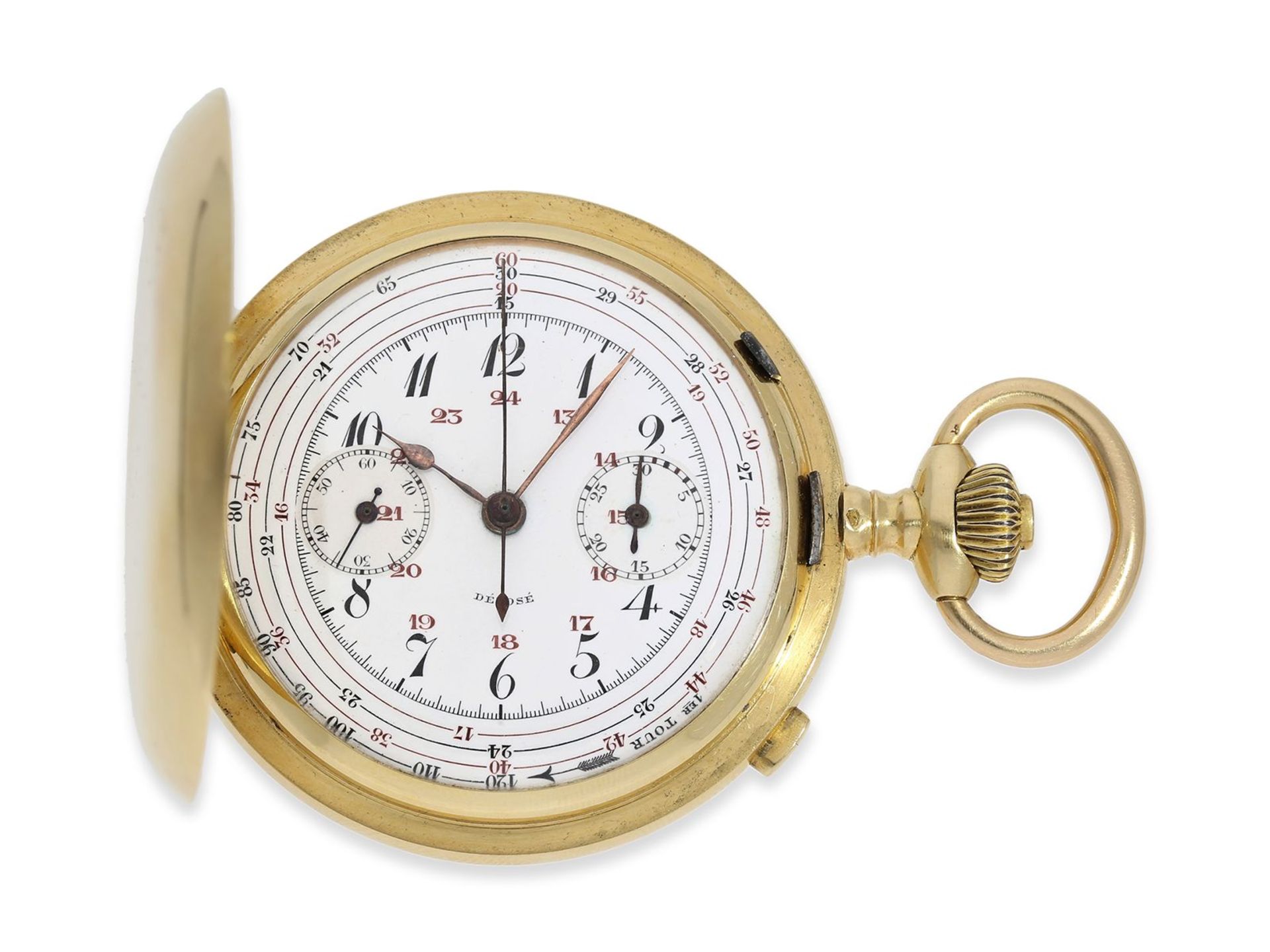 Taschenuhr: feine Goldsavonnette mit Chronograph, Frankreich ca. 1910, Ca. Ø51mm, ca. 99g, 18K Gold,