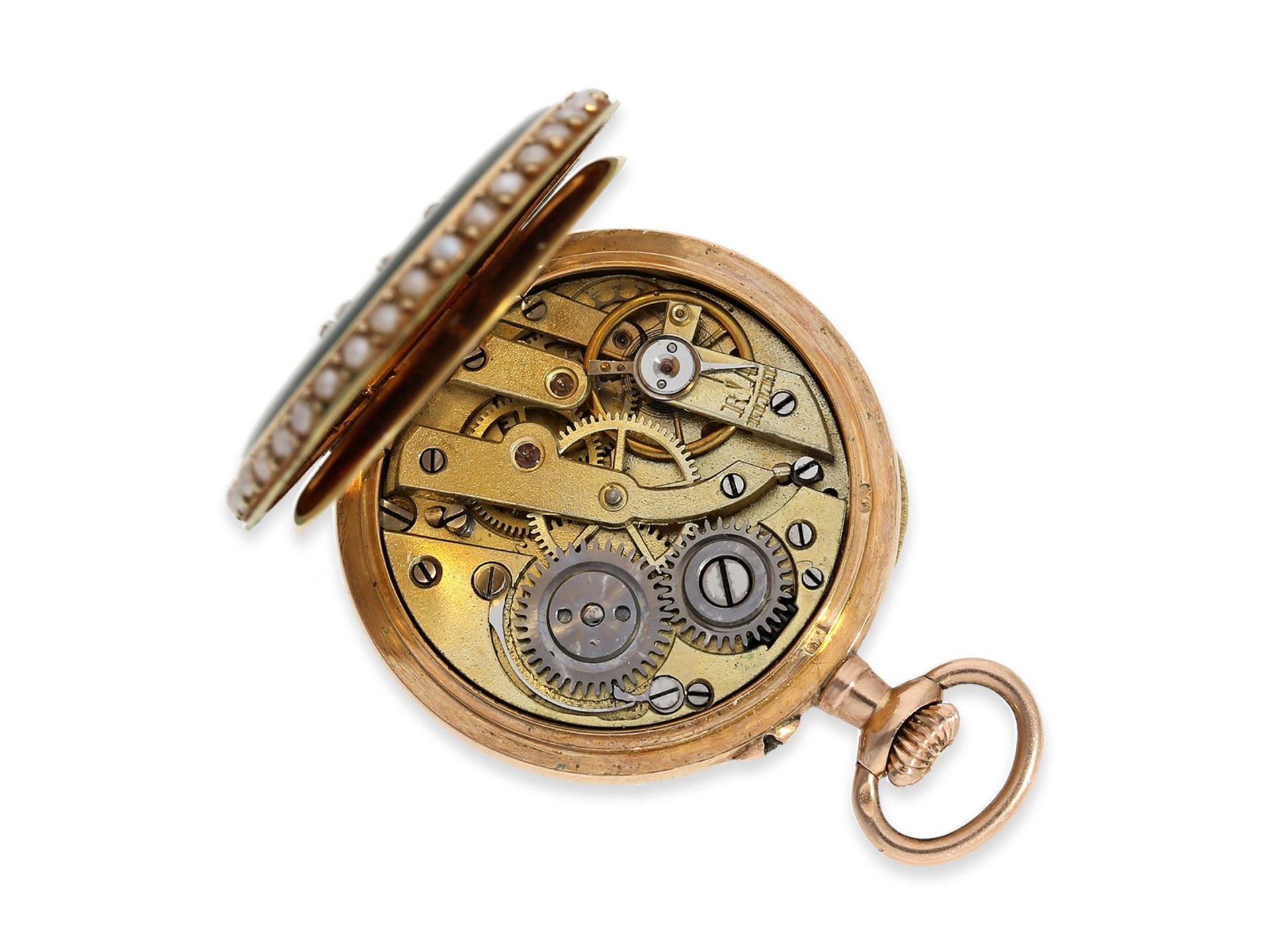 Anhängeuhr/Taschenuhr: hochfeine Gold/Emaille-Damenuhr mit Perlenbesatz und Diamantbesatz, ca. 1900, - Image 3 of 5