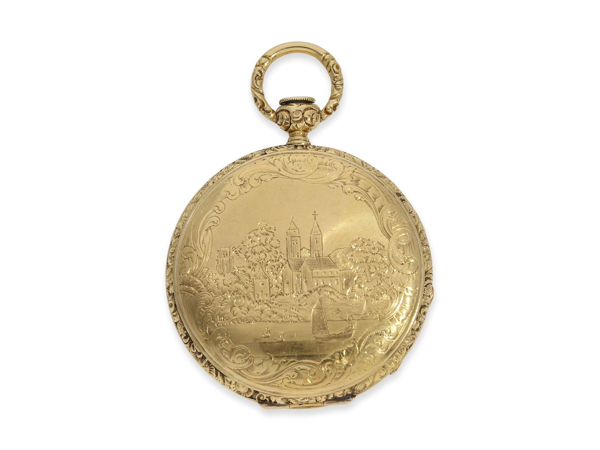 Taschenuhr: frühe, interessante Goldsavonnette mit aufwändig verziertem Gehäuse, vermutlich Genf - Image 6 of 7