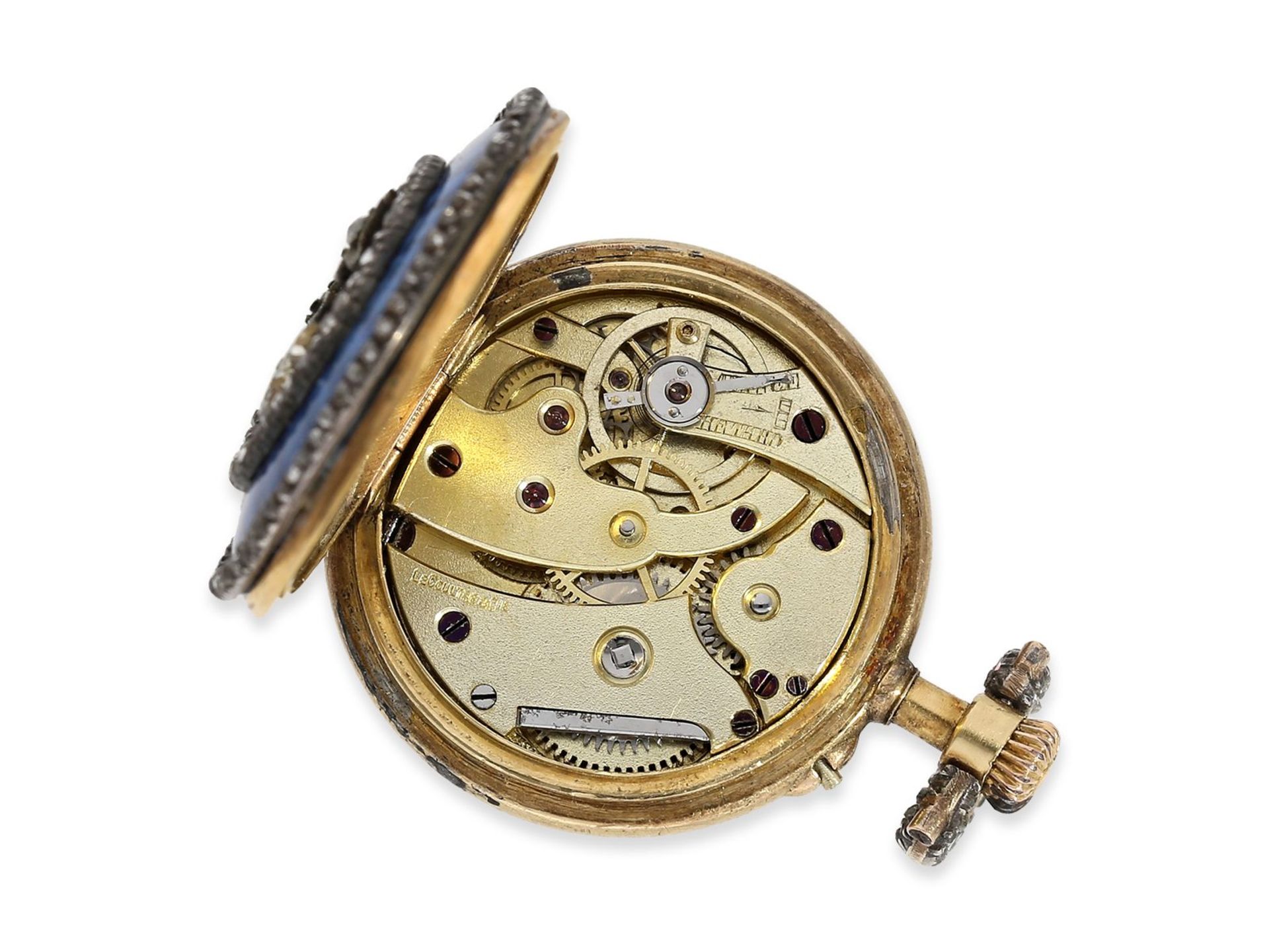 Taschenuhr/Anhängeuhr: hochfeine Gold/Emaille-Damenuhr mit Diamantbesatz, signiert Le Coultre, ca. - Image 3 of 6