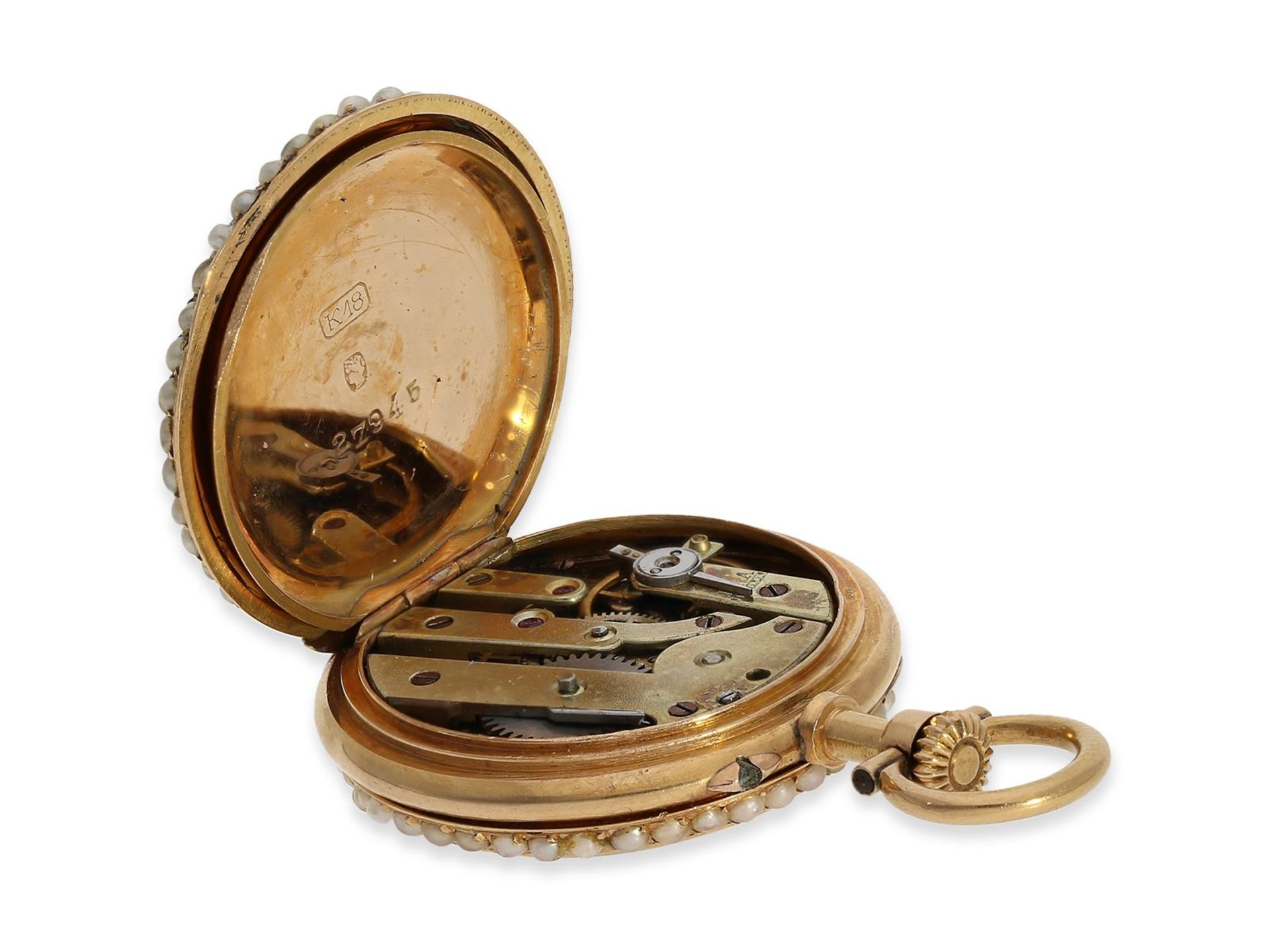 Anhängeuhr: feine Gold/Emaille-Miniatur-Damenuhr mit Perlenbesatz, vermutlich Le Coultre um 1900, - Bild 5 aus 5