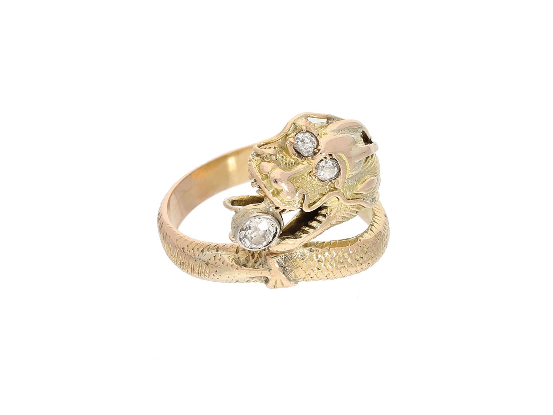 Ring: interessanter Goldschmiedering aus 14K Gold, Motiv 'Drache', Ca. Ø18mm, RG56, ca. 7,4g, 14K Go