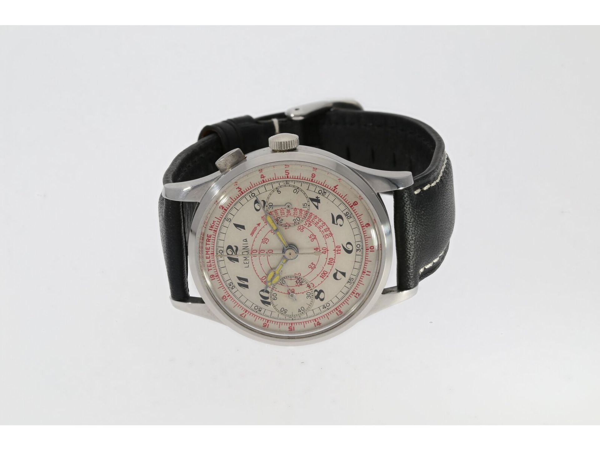 Armbanduhr: früher, großer Lemania Chronograph in Stahl, ca.1940, Ca. Ø38mm, Edelstahl, Druckboden, 