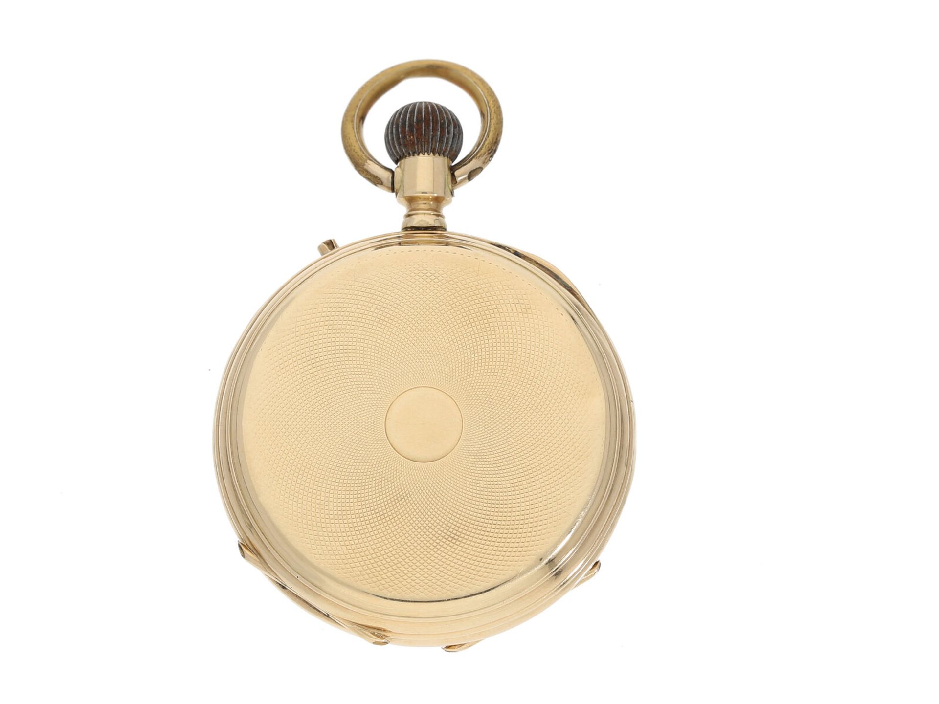 Taschenuhr: goldene Damentaschenuhr, um 1880, Ca. Ø35mm, ca. 31g, 14K Gold, fein guillochiert, beide - Image 3 of 3