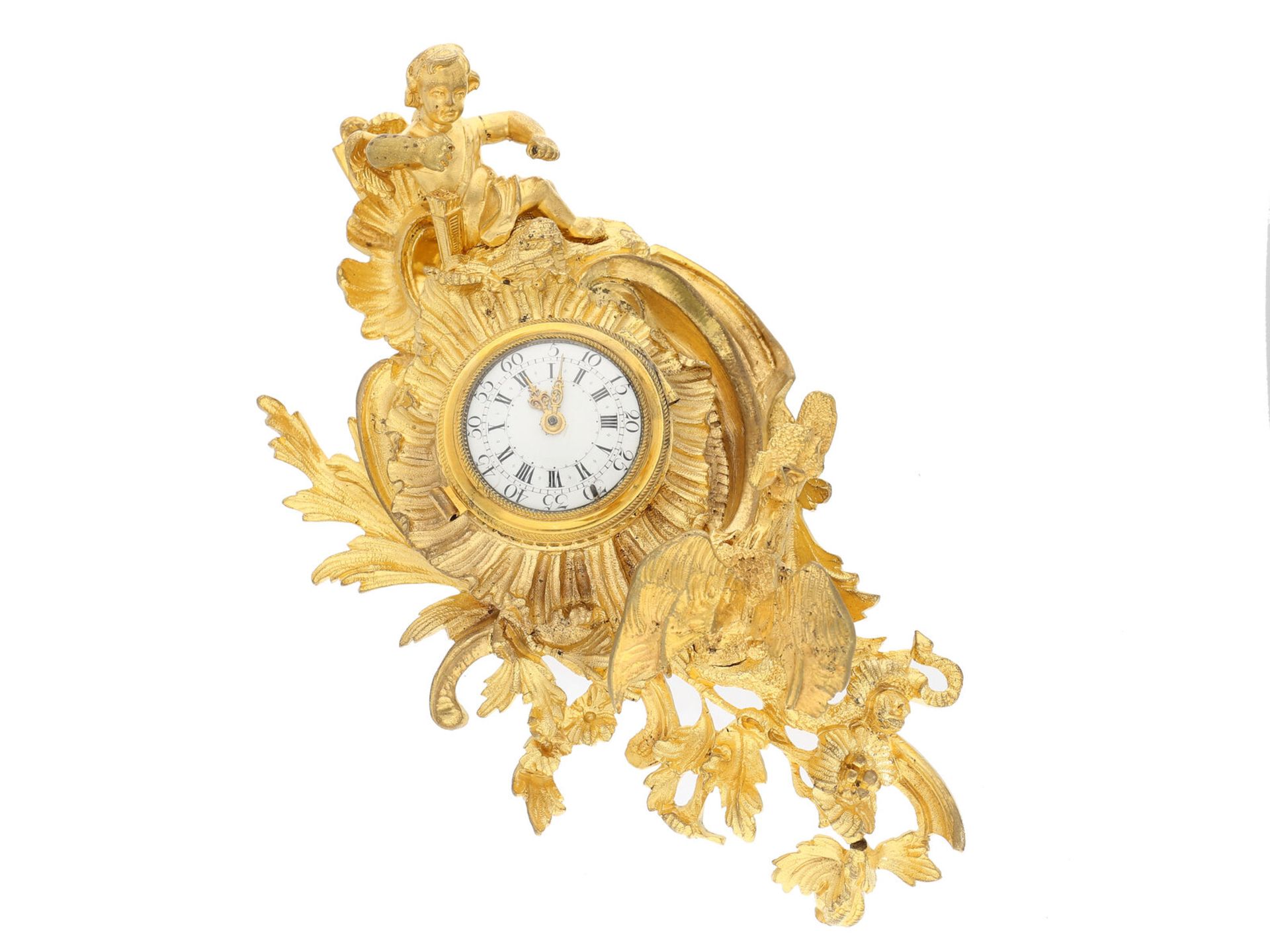 Wanduhr: feuervergoldete Louis-XV Wanduhr mit Spindelwerk, signiert Cabrier London, ca.1750, Ca. 22 