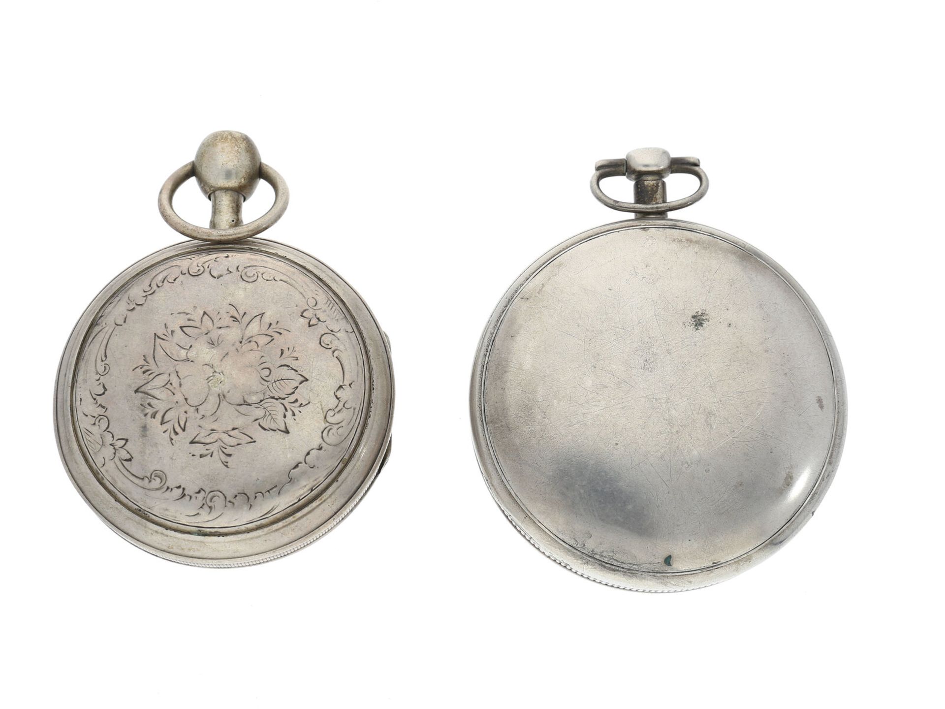 Taschenuhr: 2 silberne Spindeluhren mit Repetition, ca.1800, 1. Ca. Ø57mm, ca. 130g, - Bild 3 aus 3