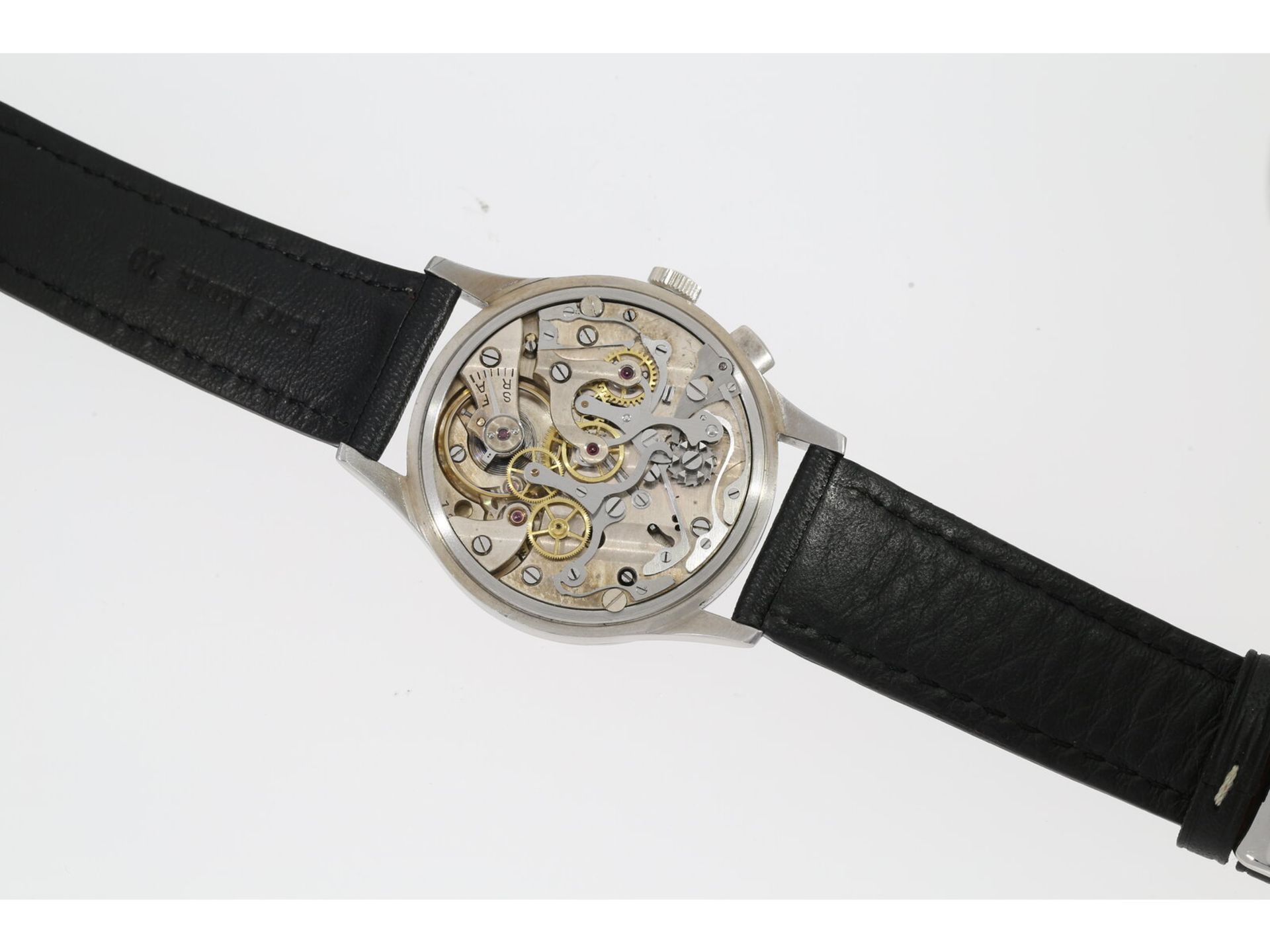 Armbanduhr: früher, großer Lemania Chronograph in Stahl, ca.1940, Ca. Ø38mm, Edelstahl, Druckboden,  - Bild 2 aus 2