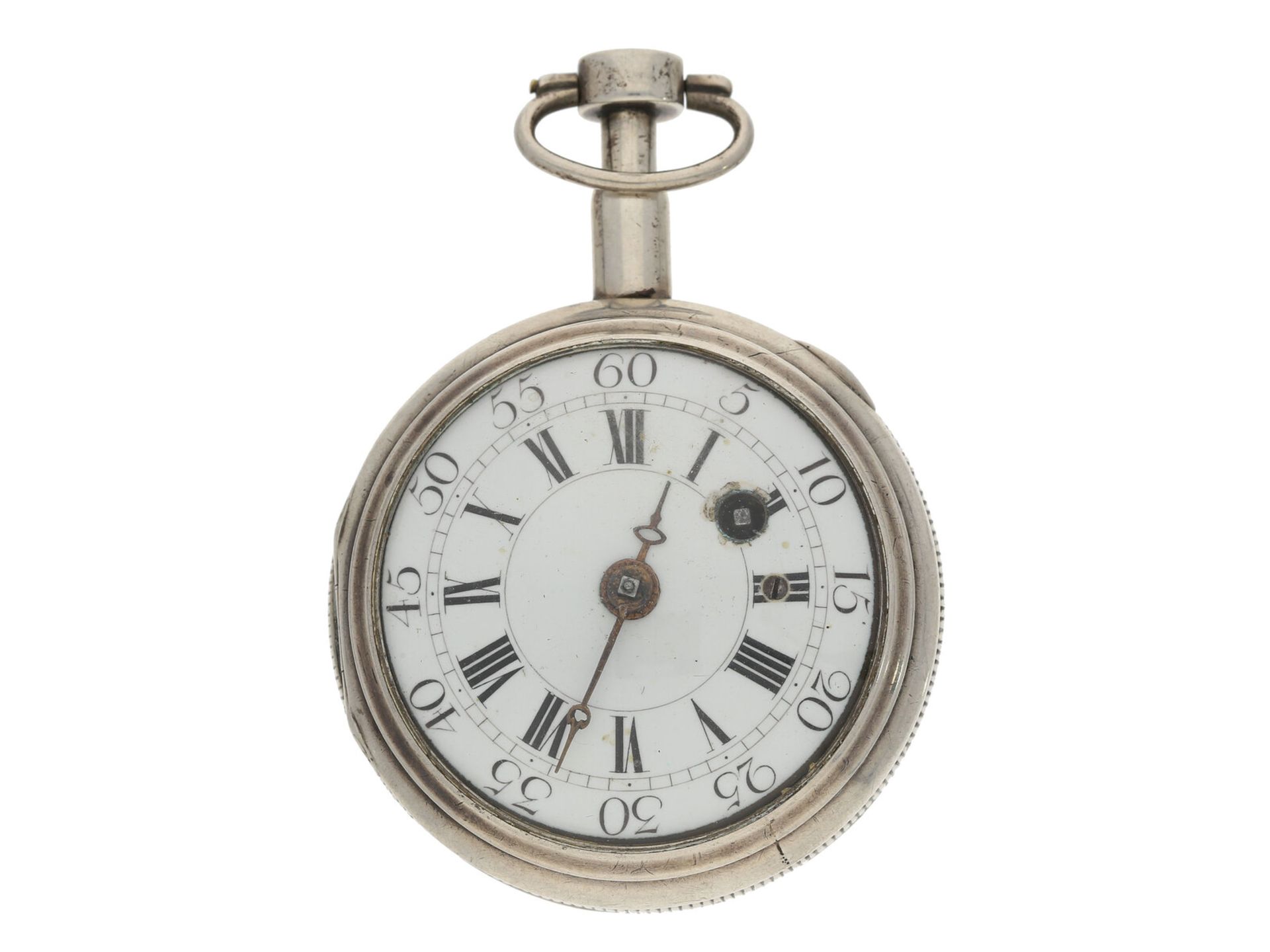 Taschenuhr: frühe silberne Spindeluhr mit Repetition, ca.1770, Ca. Ø48mm, ca. 89g, Silbergehäuse mit