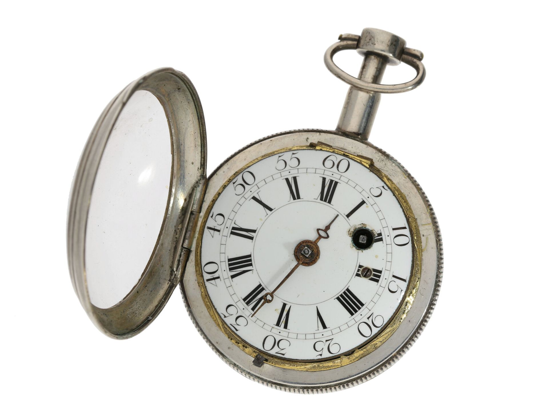 Taschenuhr: frühe silberne Spindeluhr mit Repetition, ca.1770, Ca. Ø48mm, ca. 89g, Silbergehäuse mit - Bild 3 aus 3