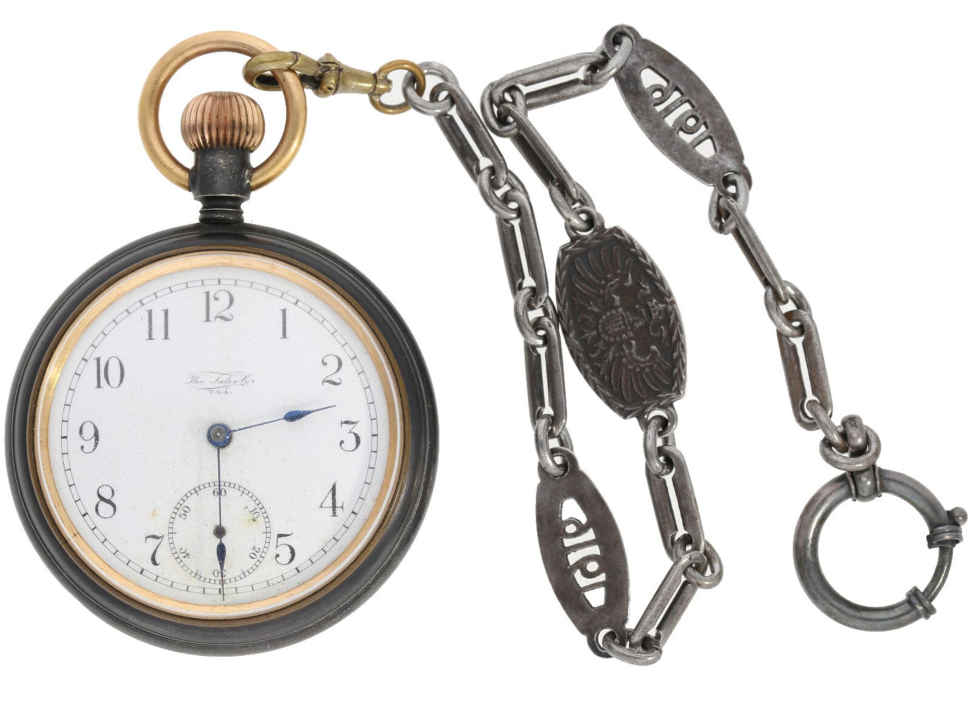 Taschenuhr: amerikanische Waterbury Taschenuhr mit eiserner Uhrenkette, ca. 1915: Ca. Ø53mm, ca.
