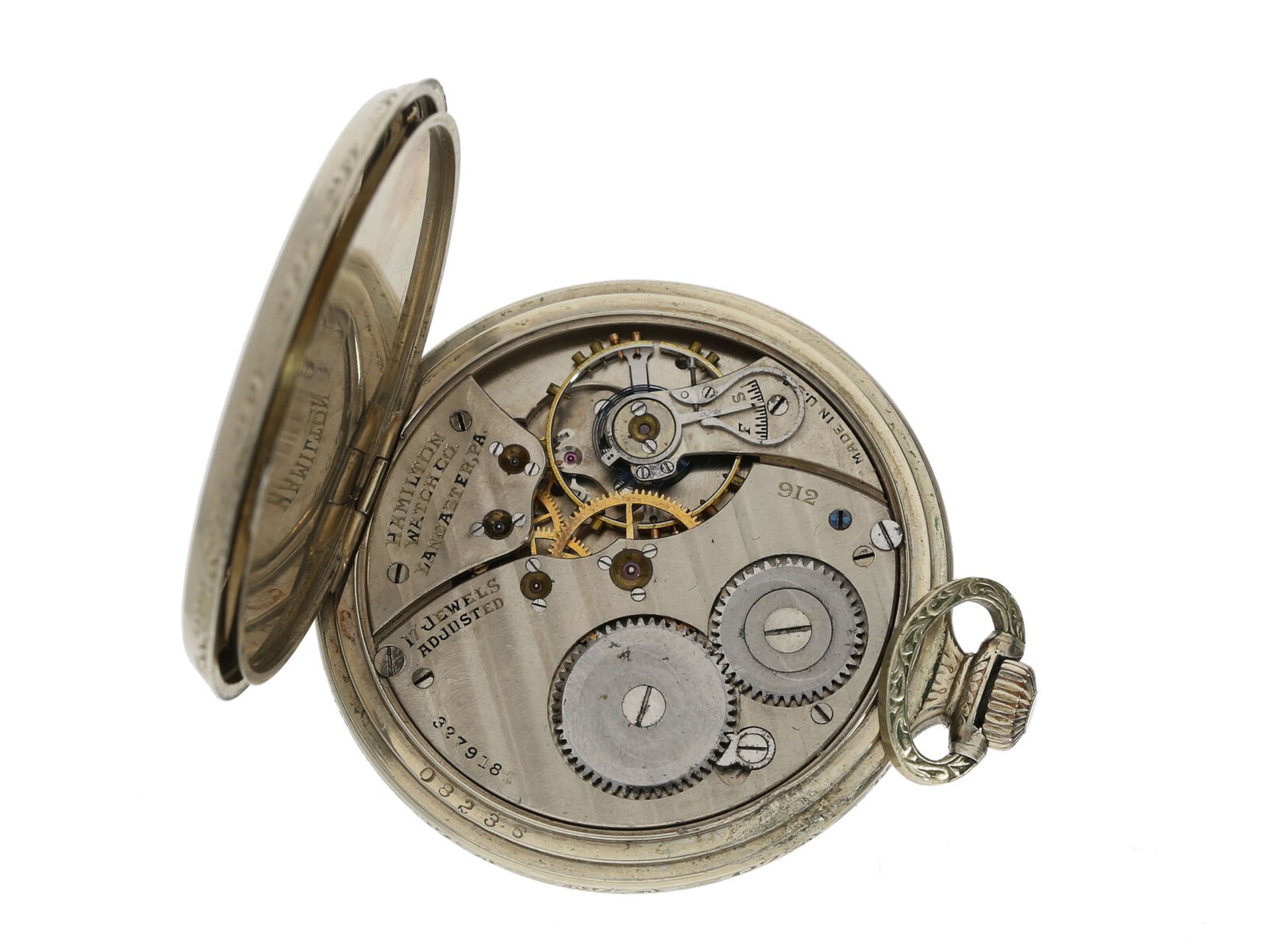 Taschenuhr: attraktive Hamilton Frackuhr, Art Deco ca. 1930: Ca. Ø43mm, ca. 60g, 14K Gold Filled, - Image 3 of 3