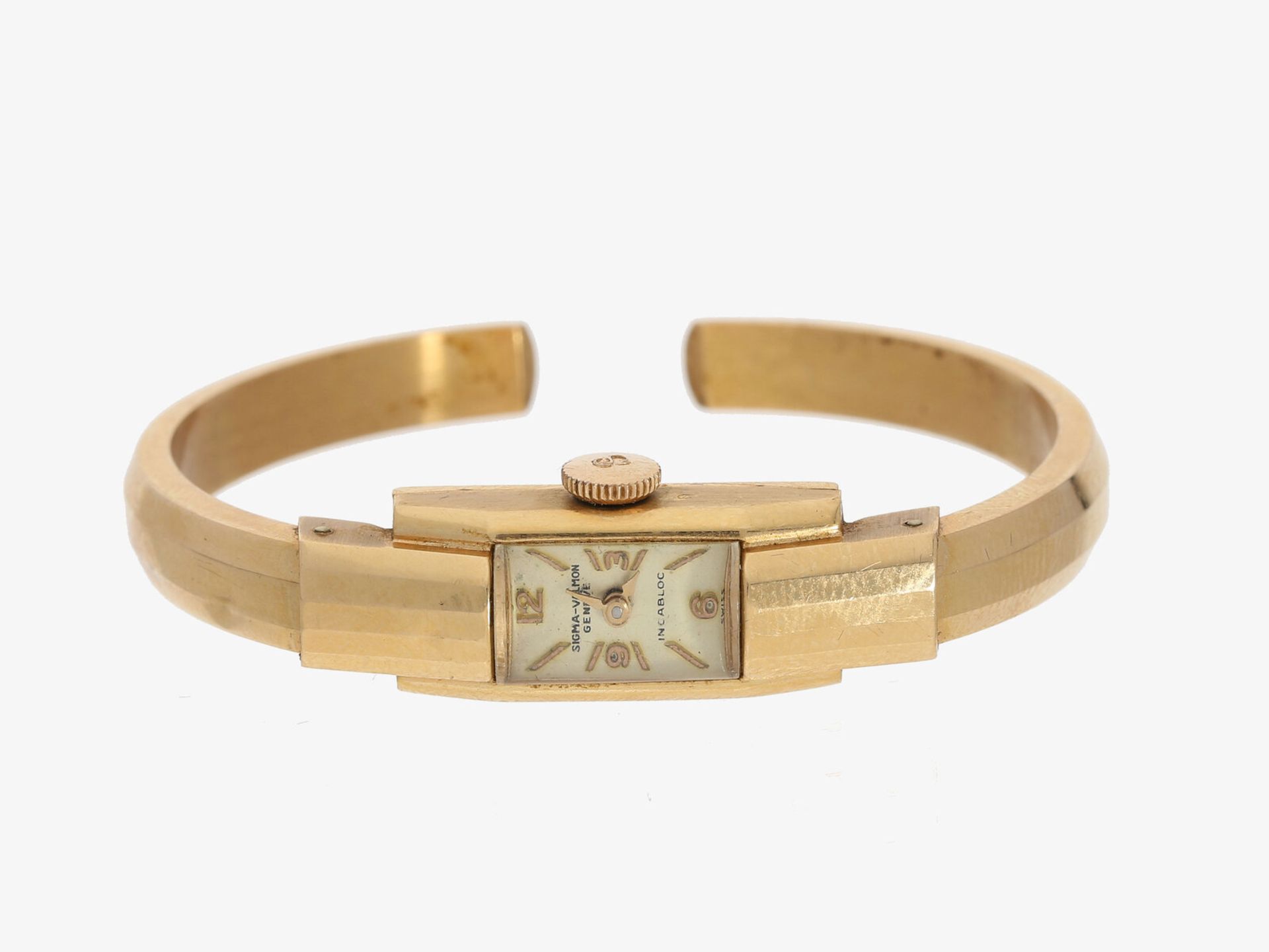 Armbanduhr: vintage Spangenuhr, Sigma-Valmon, 50er-Jahre: Ca. 10mm breit, ca.10,7g, 18K Gold, Spange