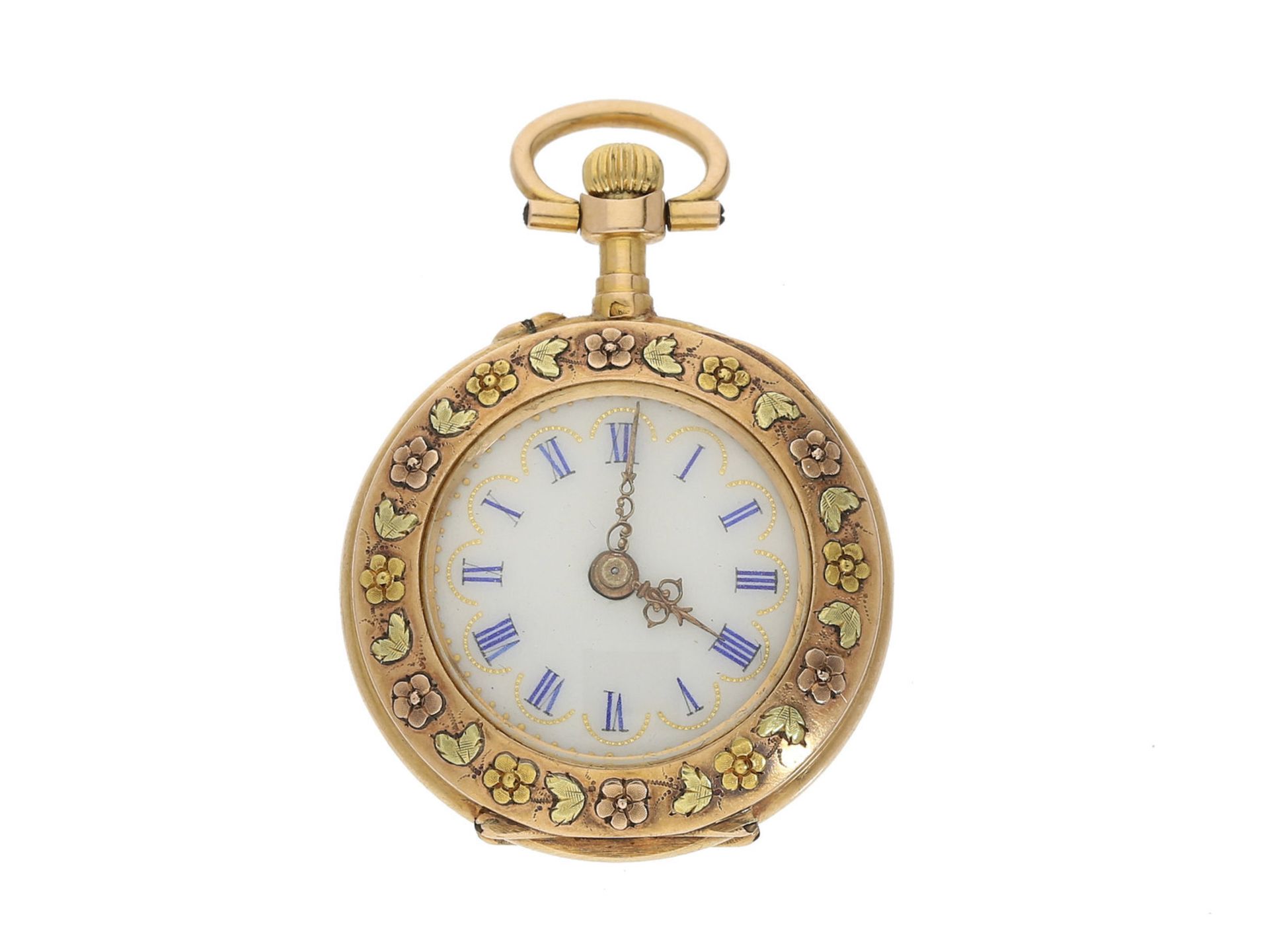 Taschenuhr: 3-Farben-Gold Taschenuhr/Anhängeuhr, um 1900, sehr feine Qualität, 18K Gold,