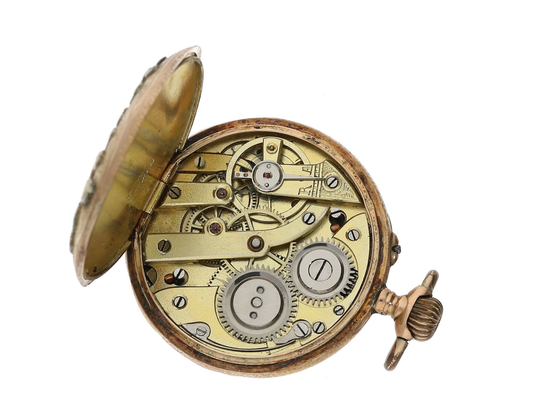 Taschenuhr: äußerst attraktive Jugendstil-Damenuhr mit Reliefgehäuse mit Lilienmotiv, 14K Gold: - Bild 2 aus 3