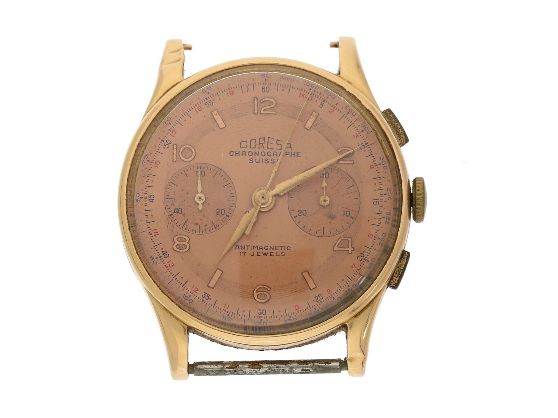 Armbanduhr: sehr schöner oversize Chronograph mit 'Salmon Dial', 18K Gold, Marke Coresa, ca.1950: