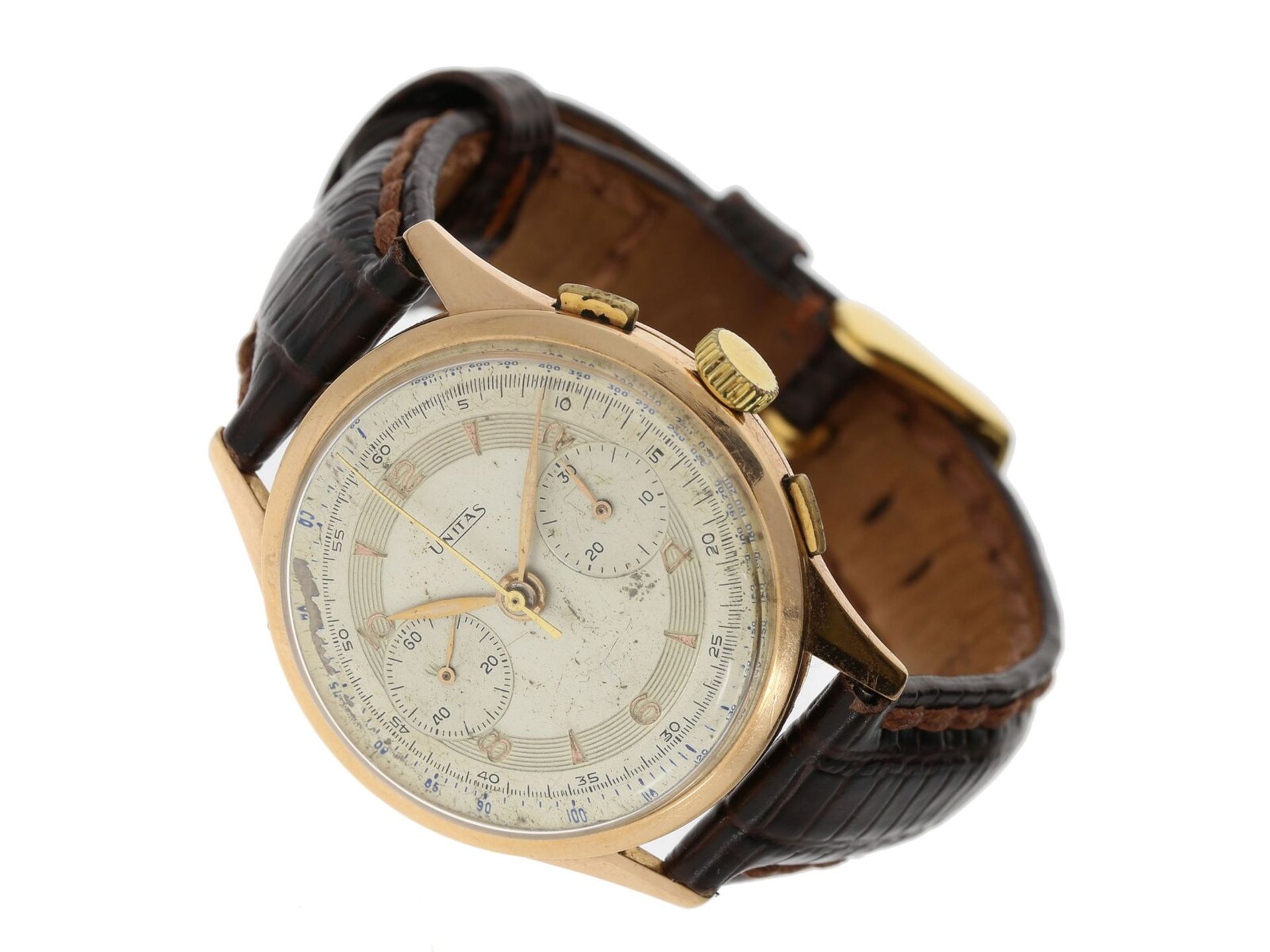 Armbanduhr: rotgoldener vintage Chronograph Marke Unitas, Unitas SA, Manufacture d'Horlogerie A.