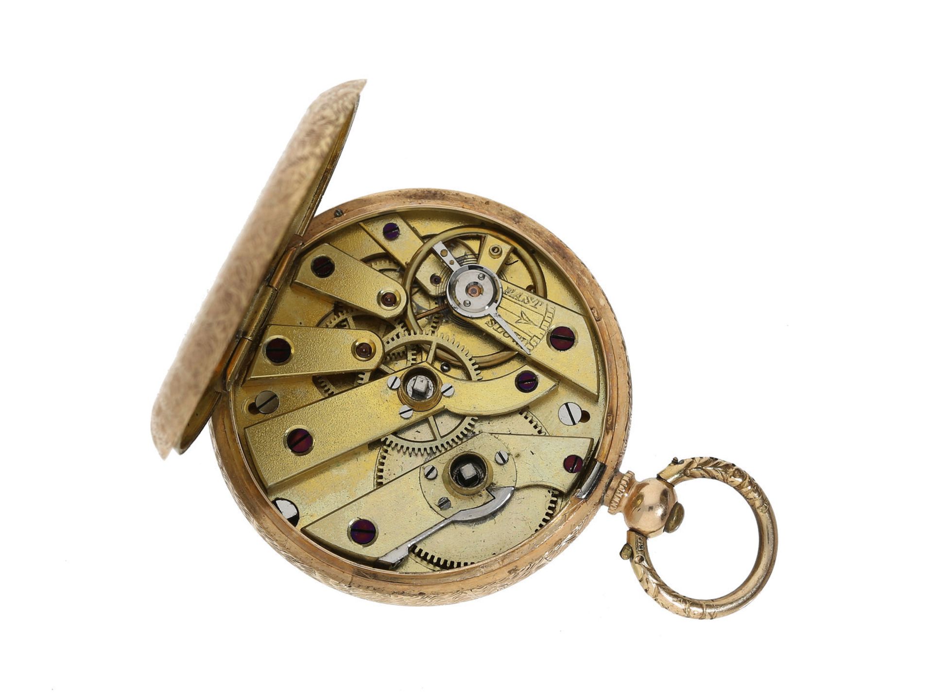 Taschenuhr: prächtige, rotgoldene Taschenuhr mit Champlevé-Zifferblatt, in sehr gutem Zustand, ca. - Bild 3 aus 3
