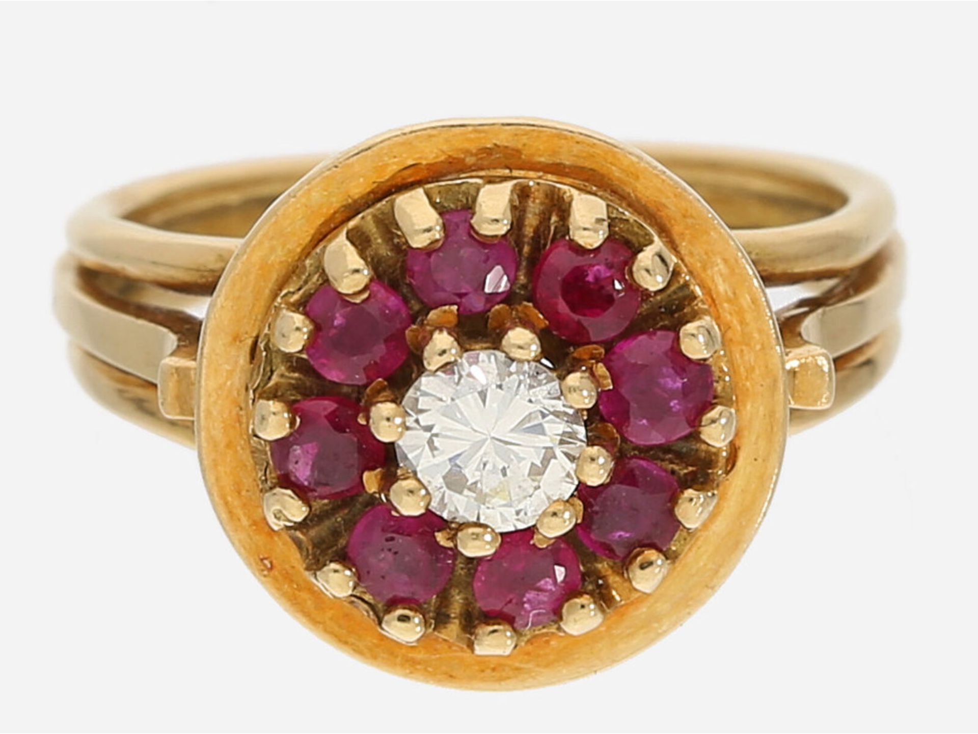 Ring: Rubin/Brillantring insgesamt ca. 1,15ct, 14K Gold, Teenager-Größe: Ca. Ø15,5mm, RG49, Ringkopf