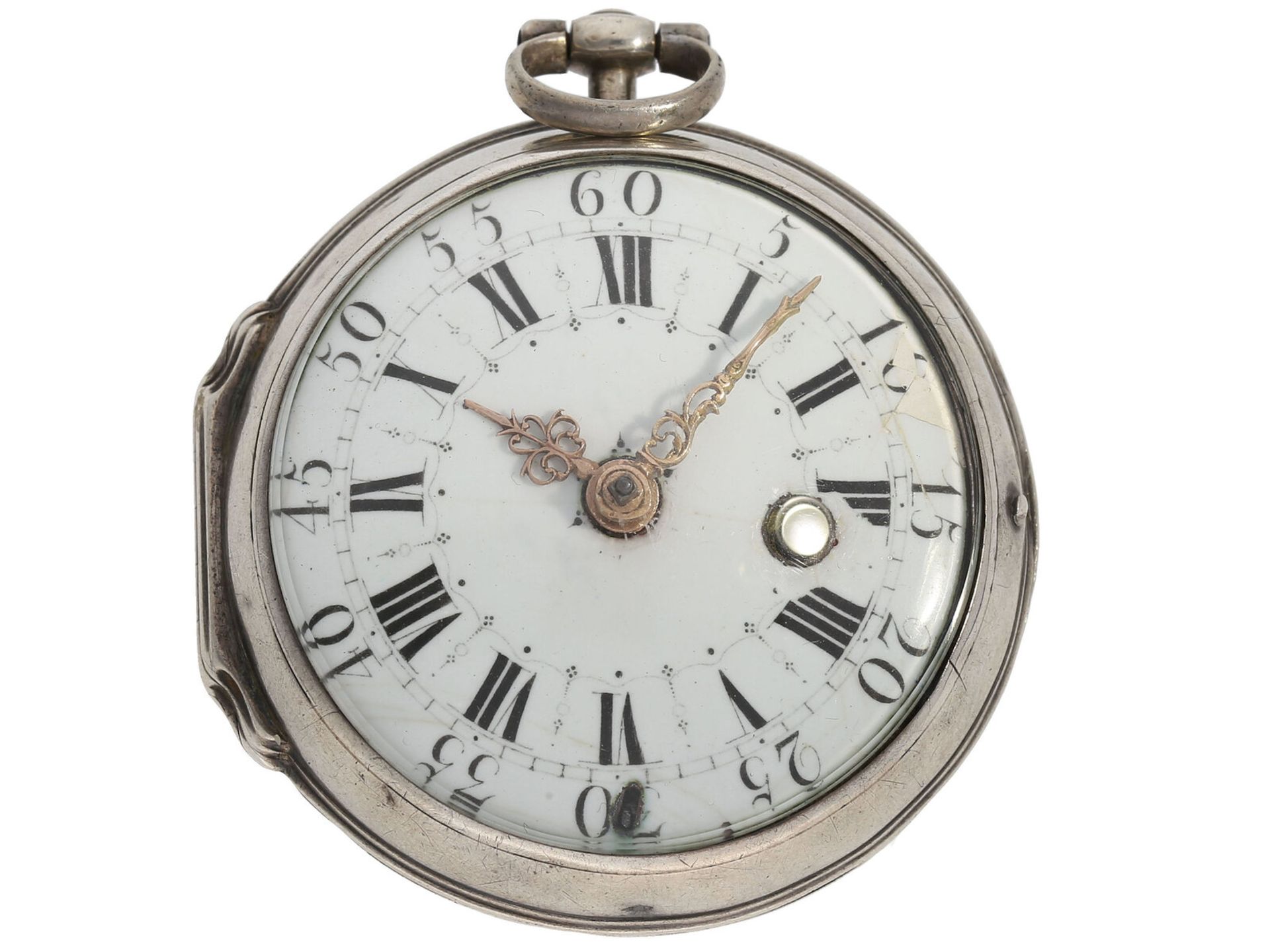 Taschenuhr: frühe französische Spindeluhr, um 1750, Lenoir a Lyon: Ca. Ø48mm, Silbergehäuse,