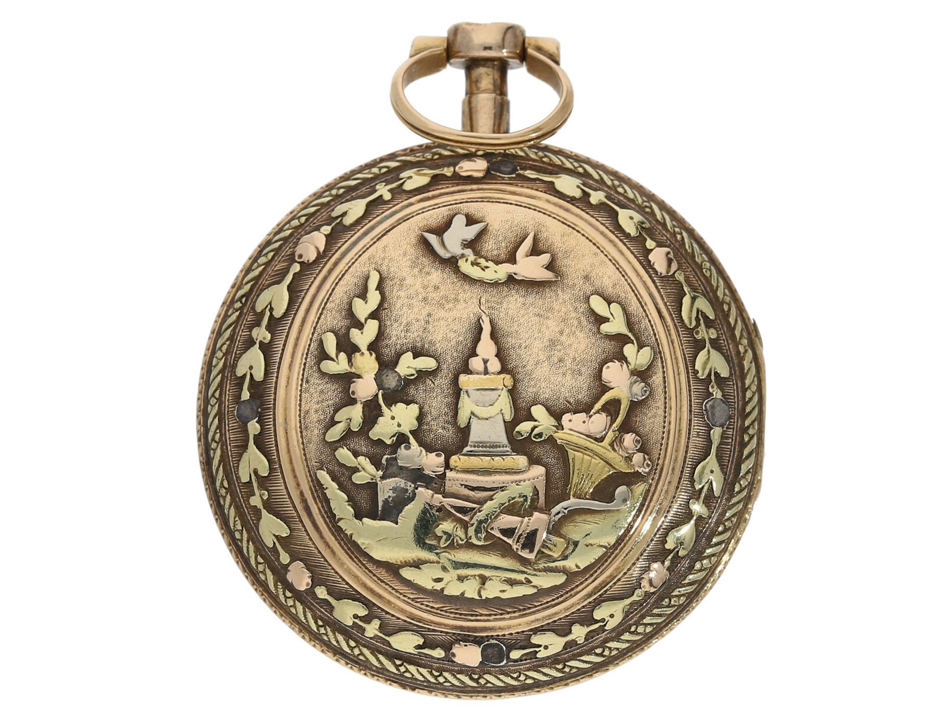 Taschenuhr: 3-farbige Gold-Lepine mit früher Zylinderhemmung, Dominice & Blondel, ca.1770 - Image 2 of 3