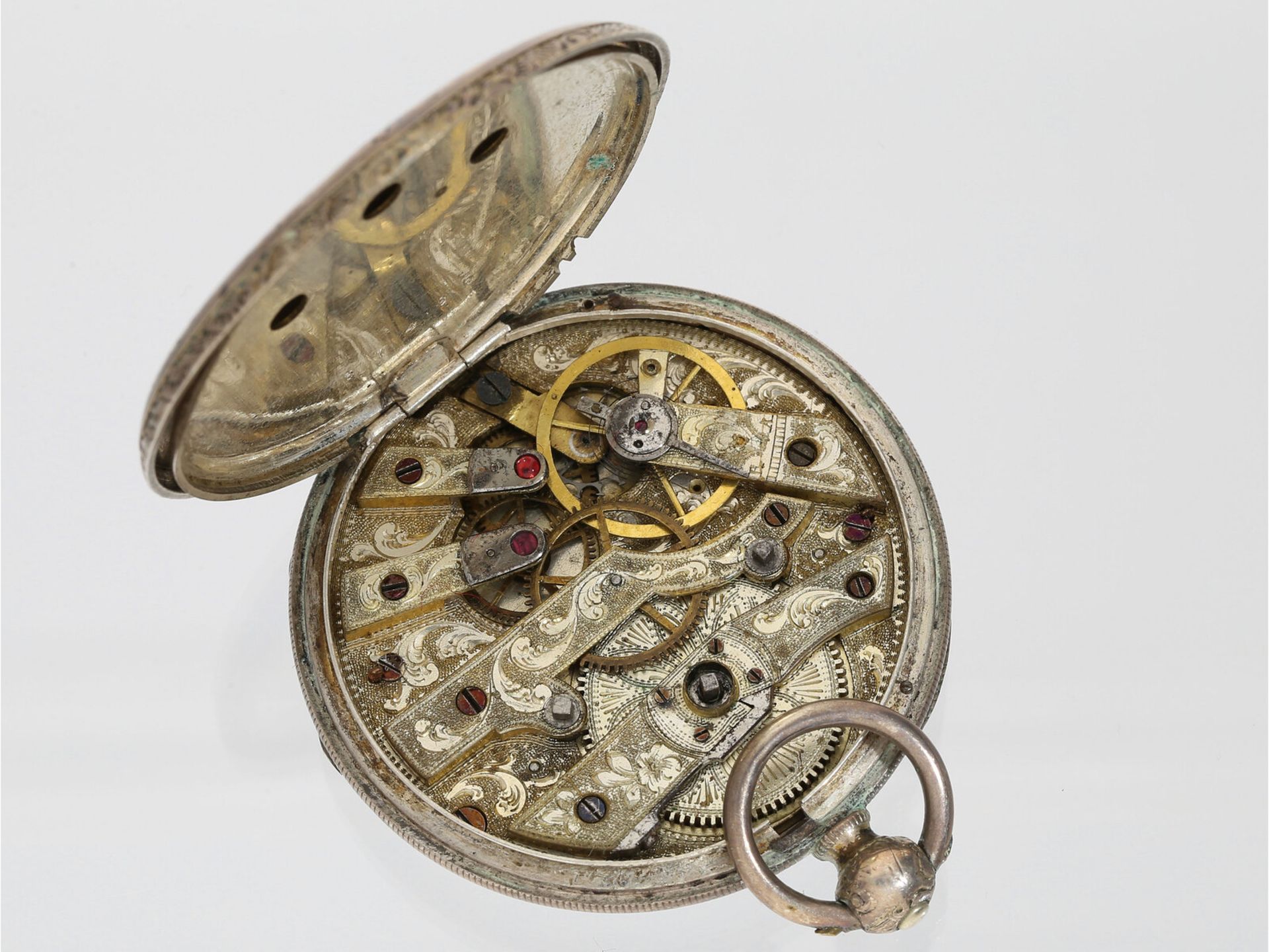 Taschenuhr: interessante Taschenuhr mit 2 Zeitzonen, Emaille-Malerei und aufwändiger Werksverzierung - Image 4 of 4