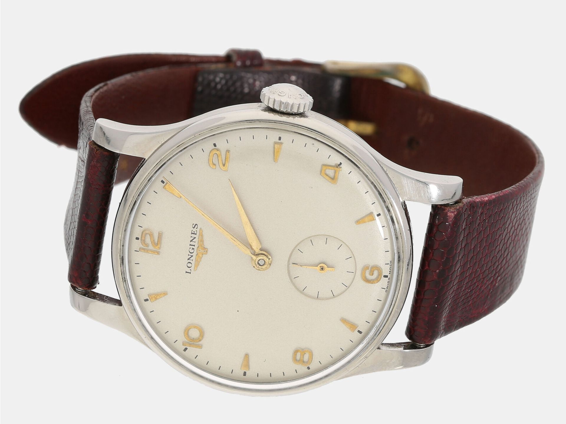 Armbanduhr: große vintage Herrenuhr, Longines, Edelstahl, vermutlich 50er-Jahre