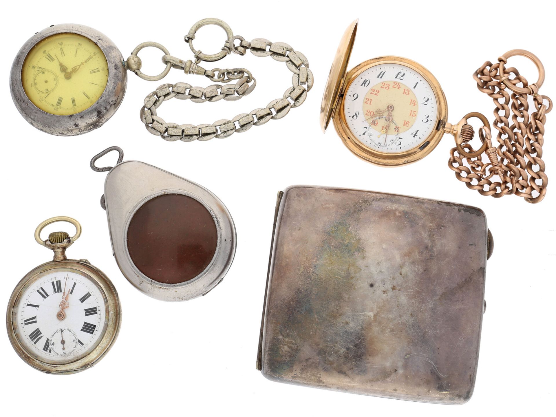 Taschenuhr/Etui: Konvolut von 3 Taschenuhren und einem Zigarettenetui, 1900-1950