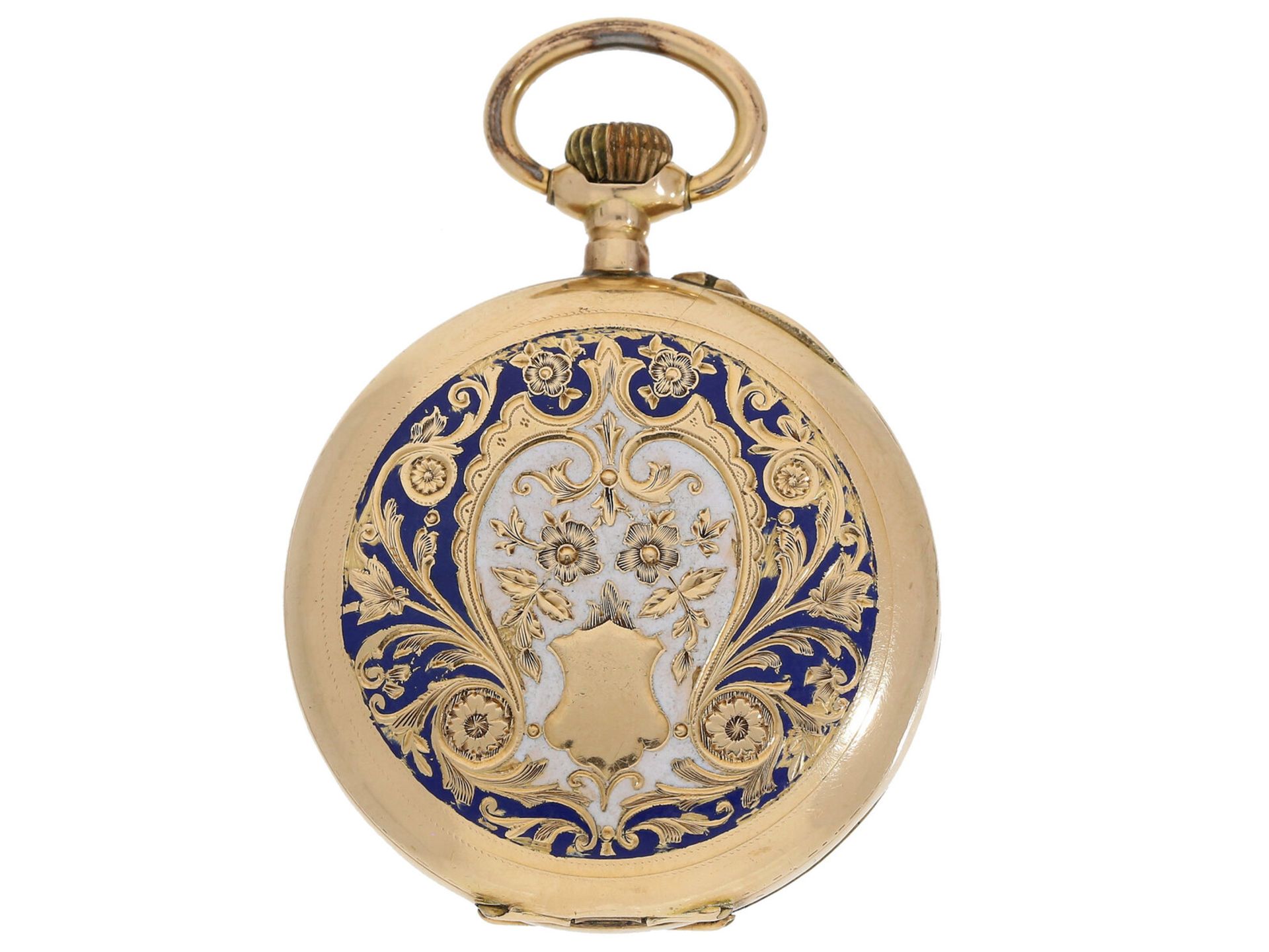 Taschenuhr: goldene Damenuhr mit sehr schöner Emaille-Dekoration, um 1900 - Bild 2 aus 4