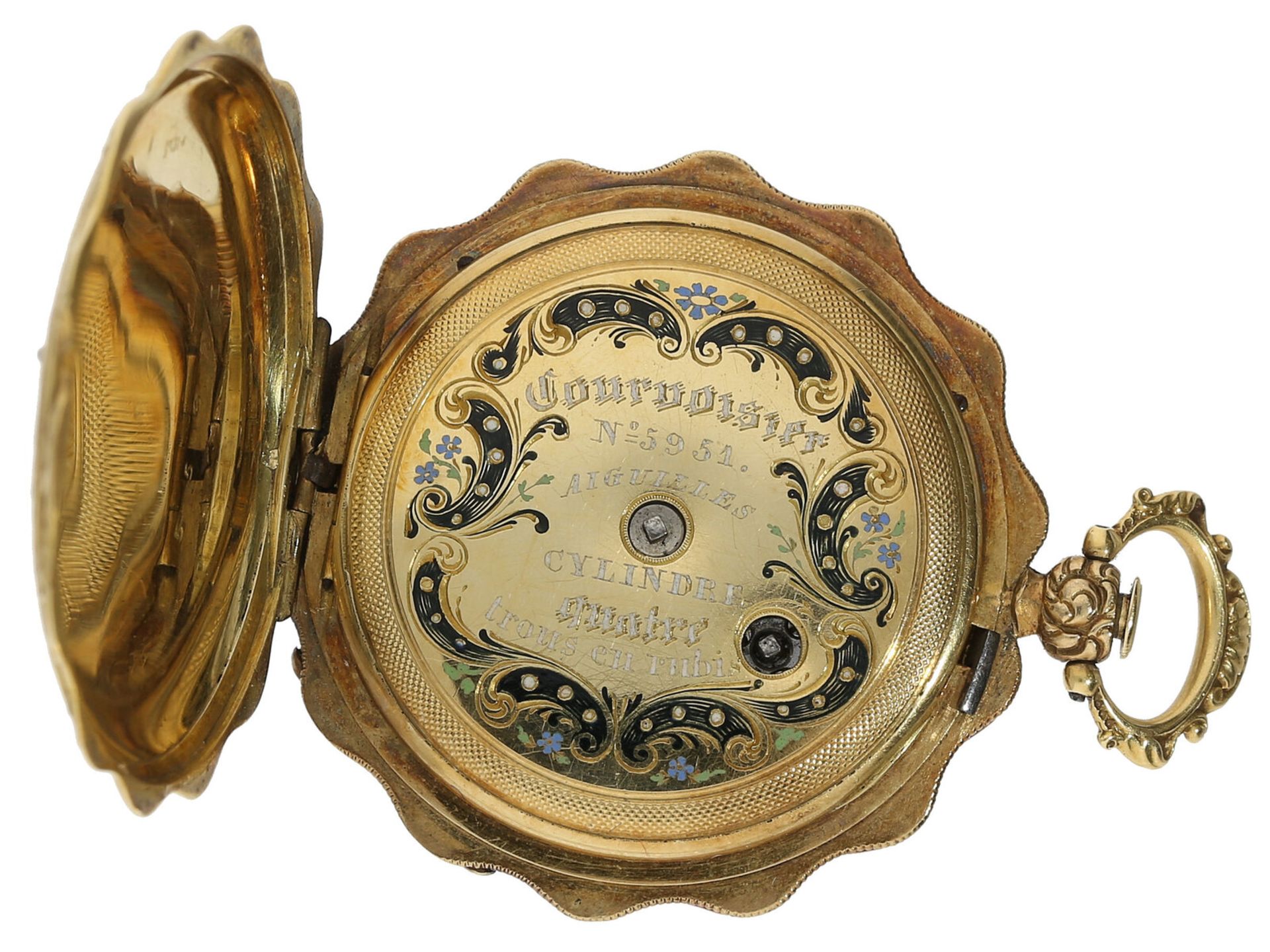 Taschenuhr: attraktive Gold/Emaille-Lepine mit Saatperlen-Besatz, im Stil der frühen Patek & Czapek - Image 3 of 4