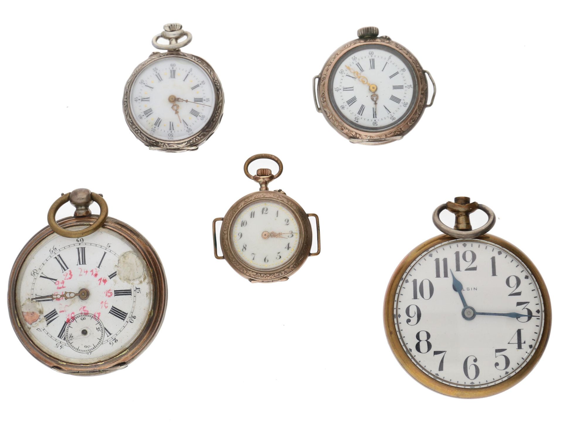 Taschenuhr: Konvolut von 5 Taschenuhren, um 1900