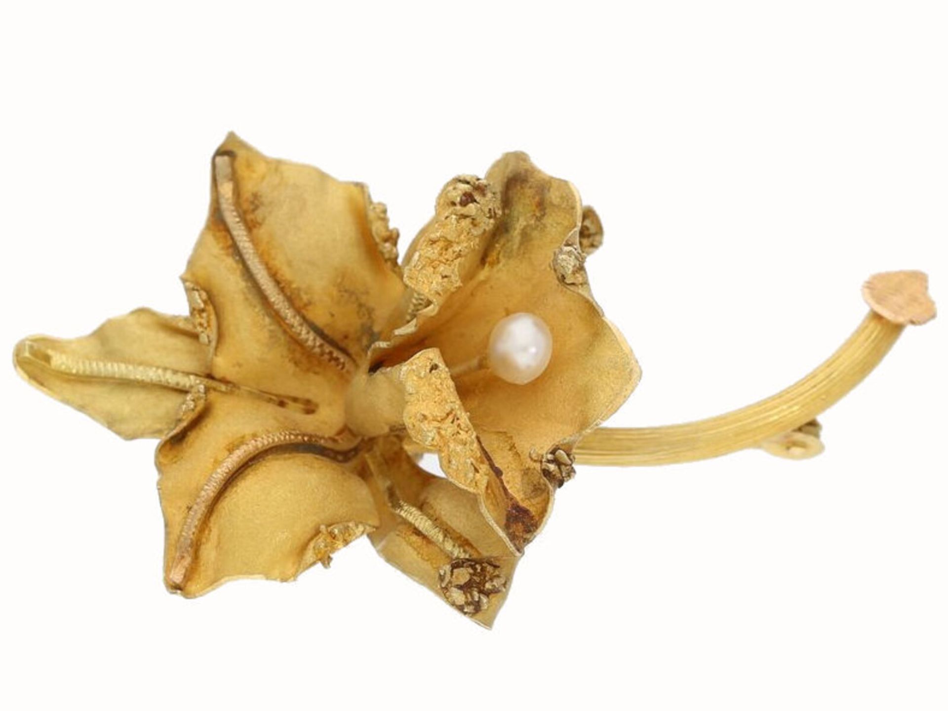 Brosche/Anhänger: handgefertigte vintage Blütenbrosche mit Perle, 18-karätige Goldschmiedearbeit