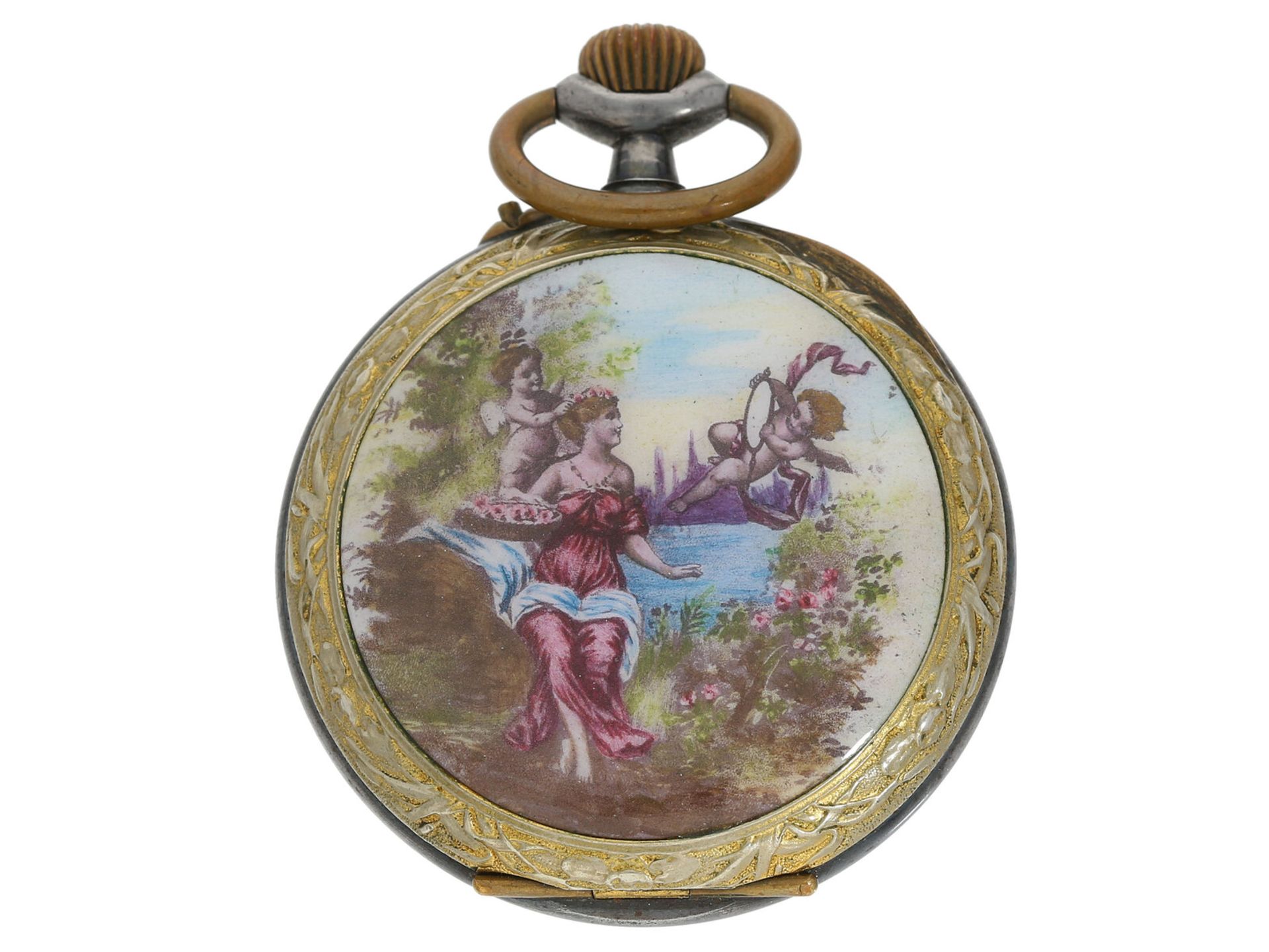 Taschenuhr: Jugendstil-Taschenuhr mit Emaille-Malerei, vermutlich Favre Frères, ca.1900