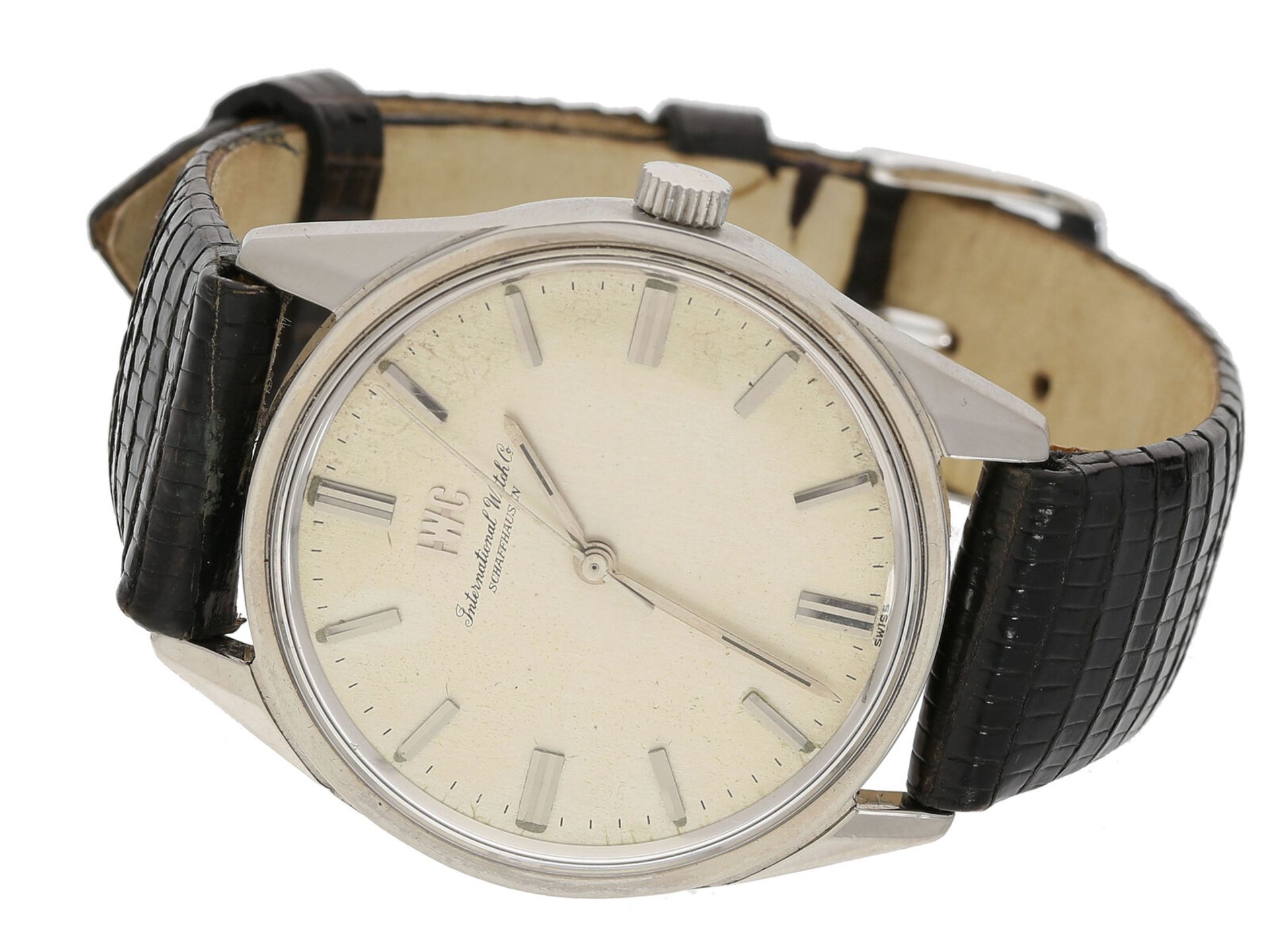 Armbanduhr: schöne Edelstahl-Herrenuhr mit Zentralsekunde, IWC Schaffhausen Cal. 89, um 1960