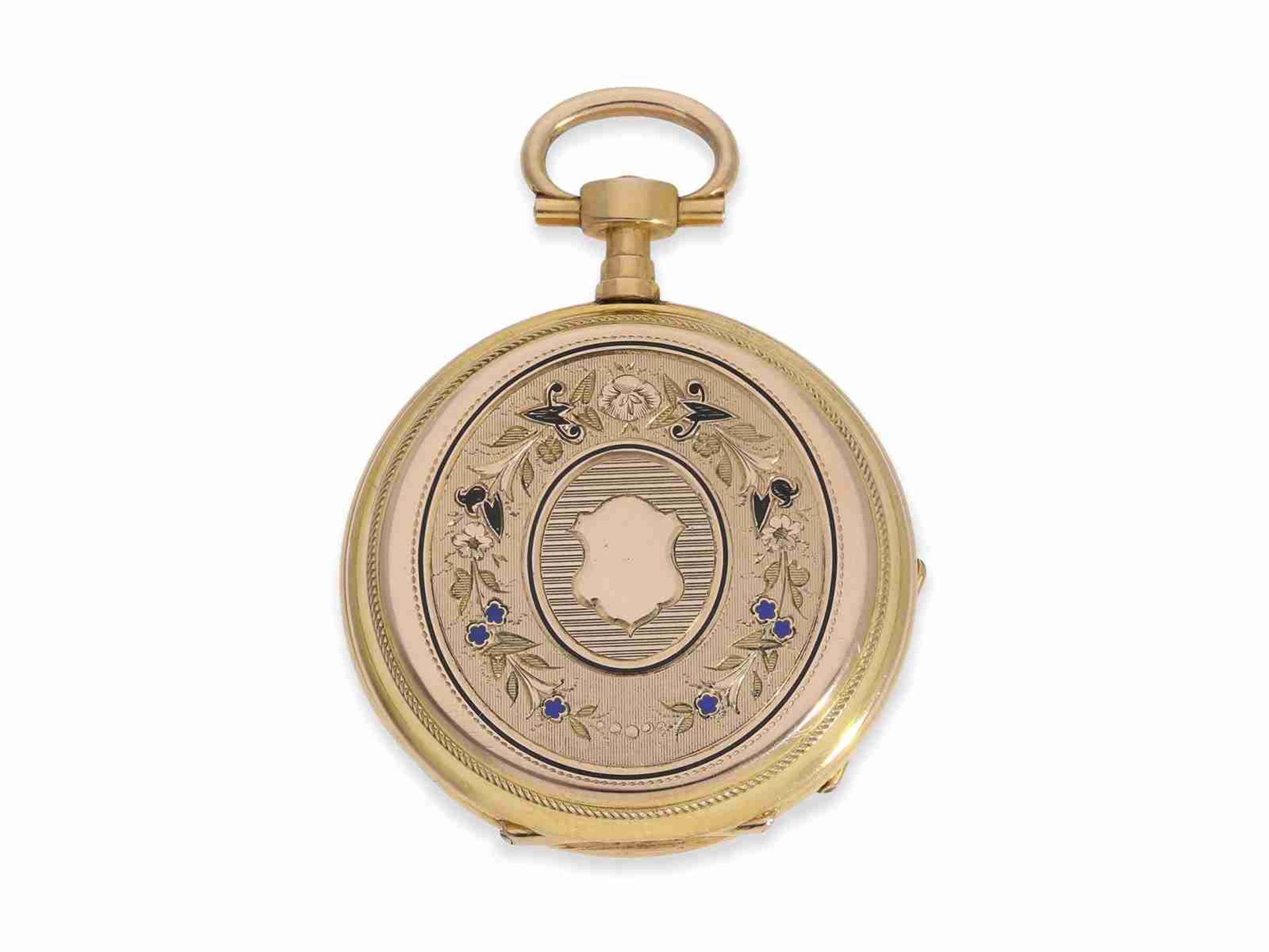 Taschenuhr: gut erhaltene Louis XV-Gold/Emaille-Taschenuhr, um 1870, verm. Sandoz & Co. - Bild 6 aus 6